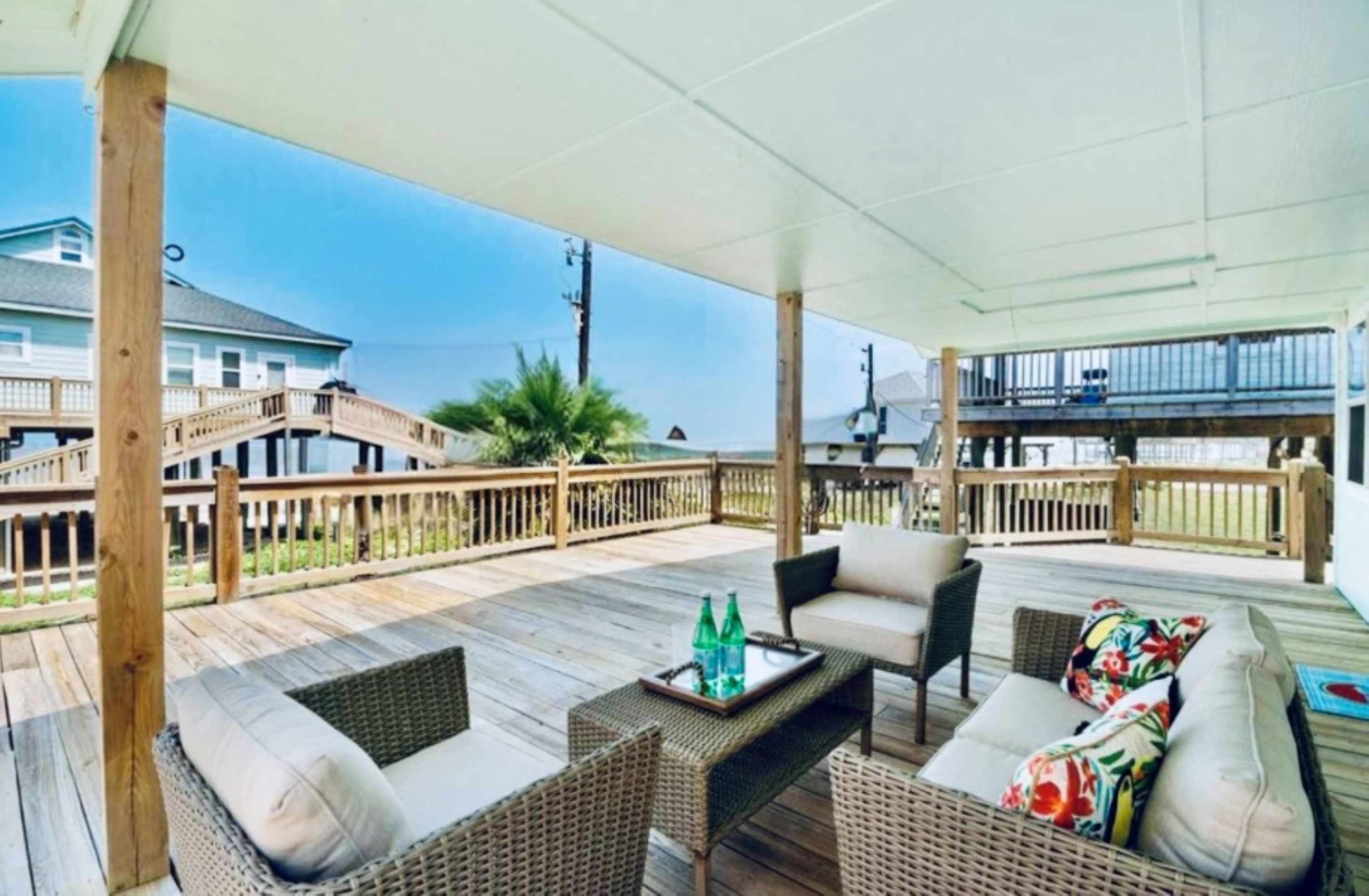 relax on this oversized patio, soak up the Galveston breeze, and listen to the waves- all while enjoying the ocean views