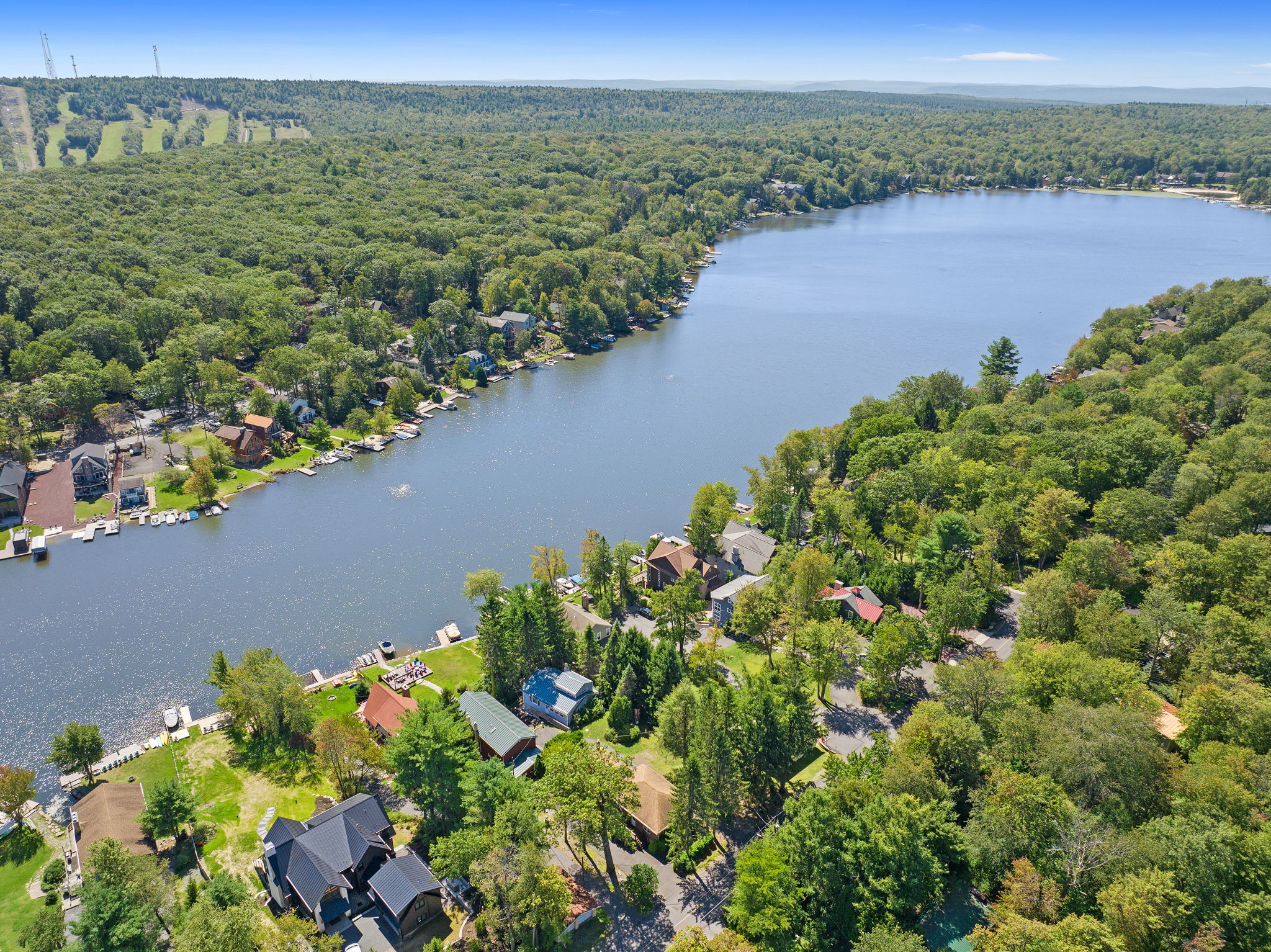 From above you can see the lake, dock, and lush green yard leading to the water