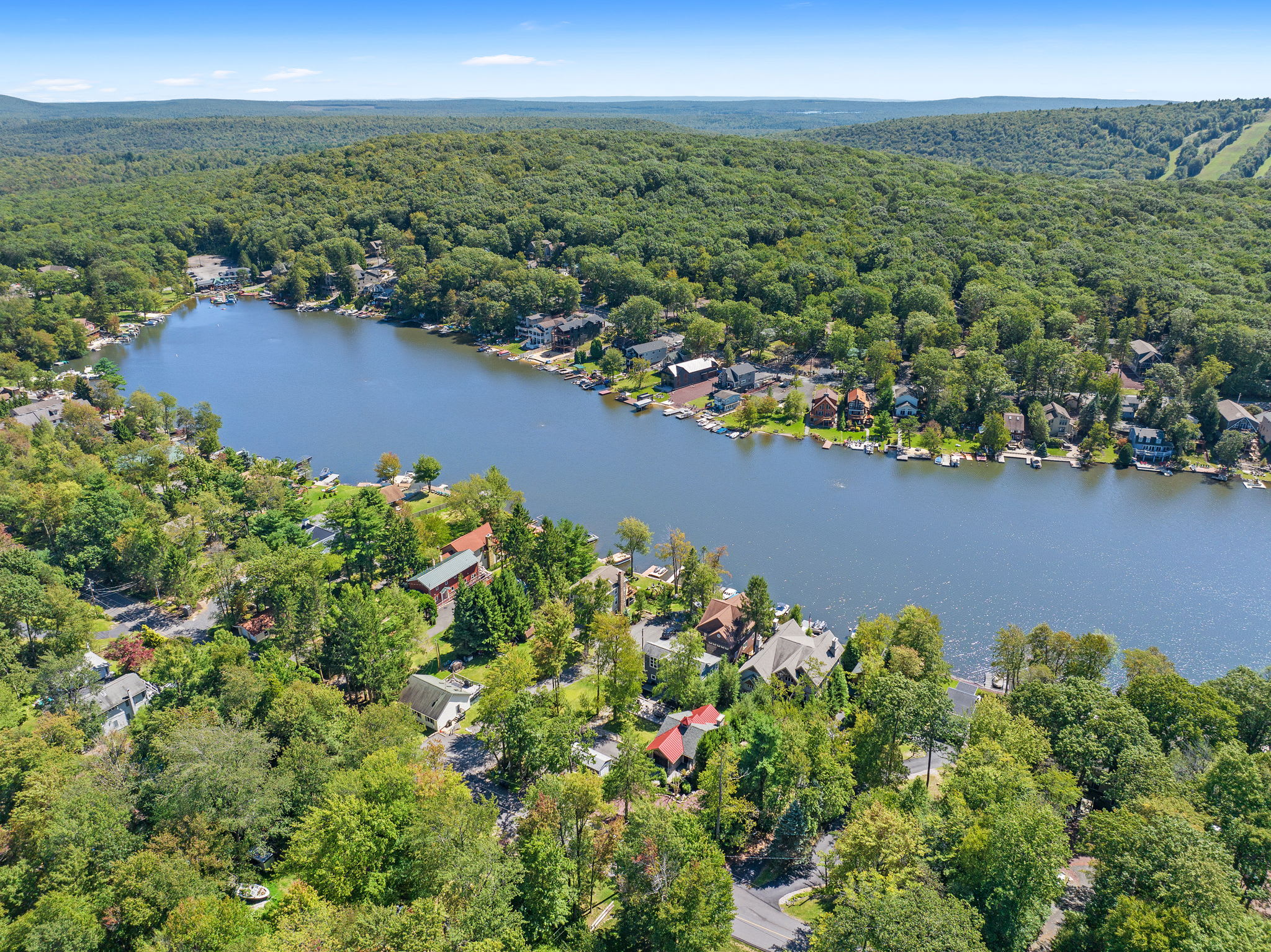 Aerial view of the lake and tree-lined shores from above the property