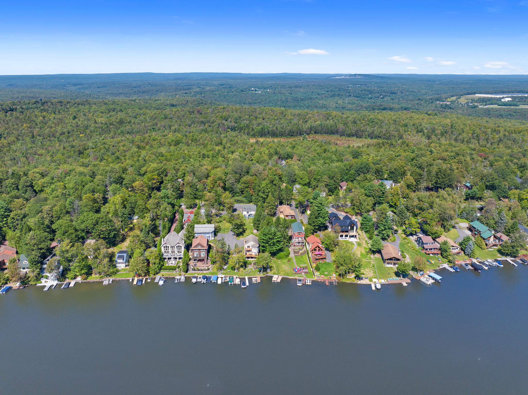 Lake Harmony stretches out below with homes tucked among the trees