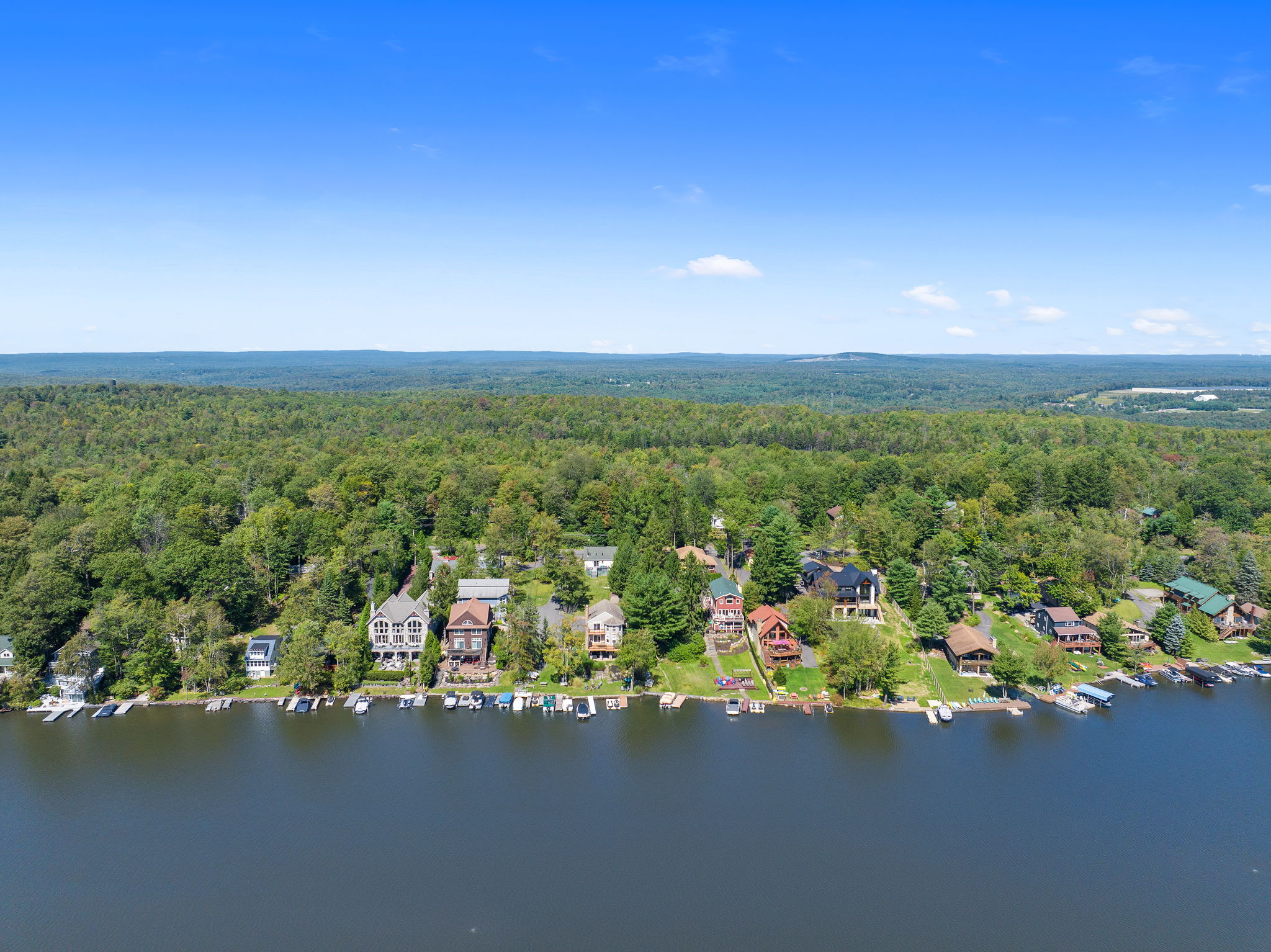 Panoramic view of the lake, forested hills, and charming shoreline homes