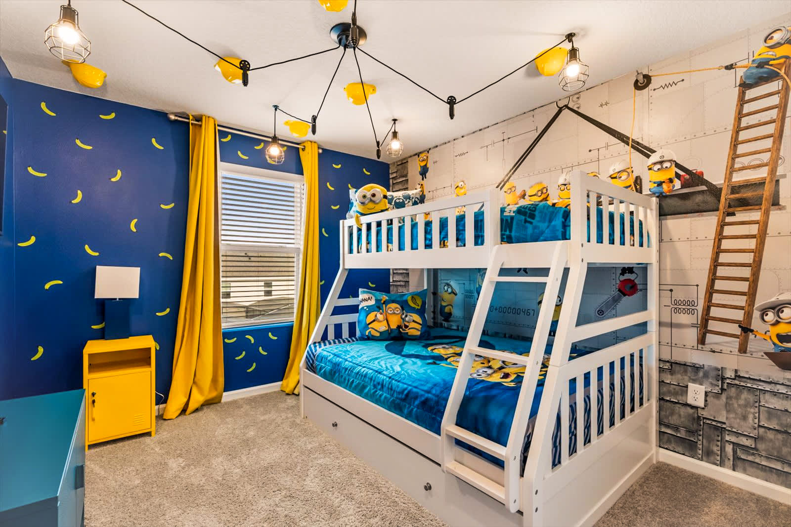 Delight in this fun Minions-themed bedroom, perfect for kids and fans alike, featuring vibrant decor and cozy bunk beds.