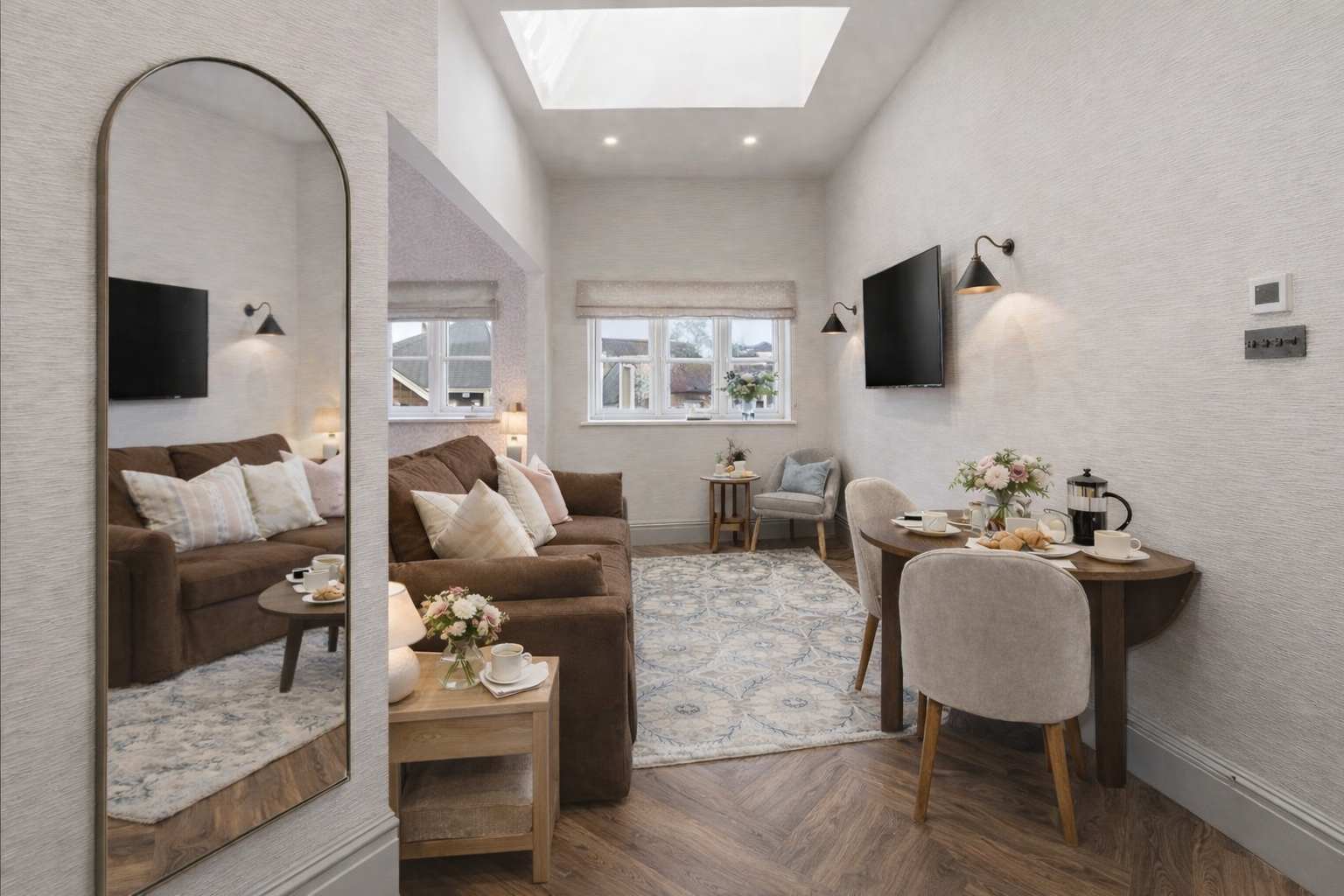 Light-filled lounge with dining space for two.