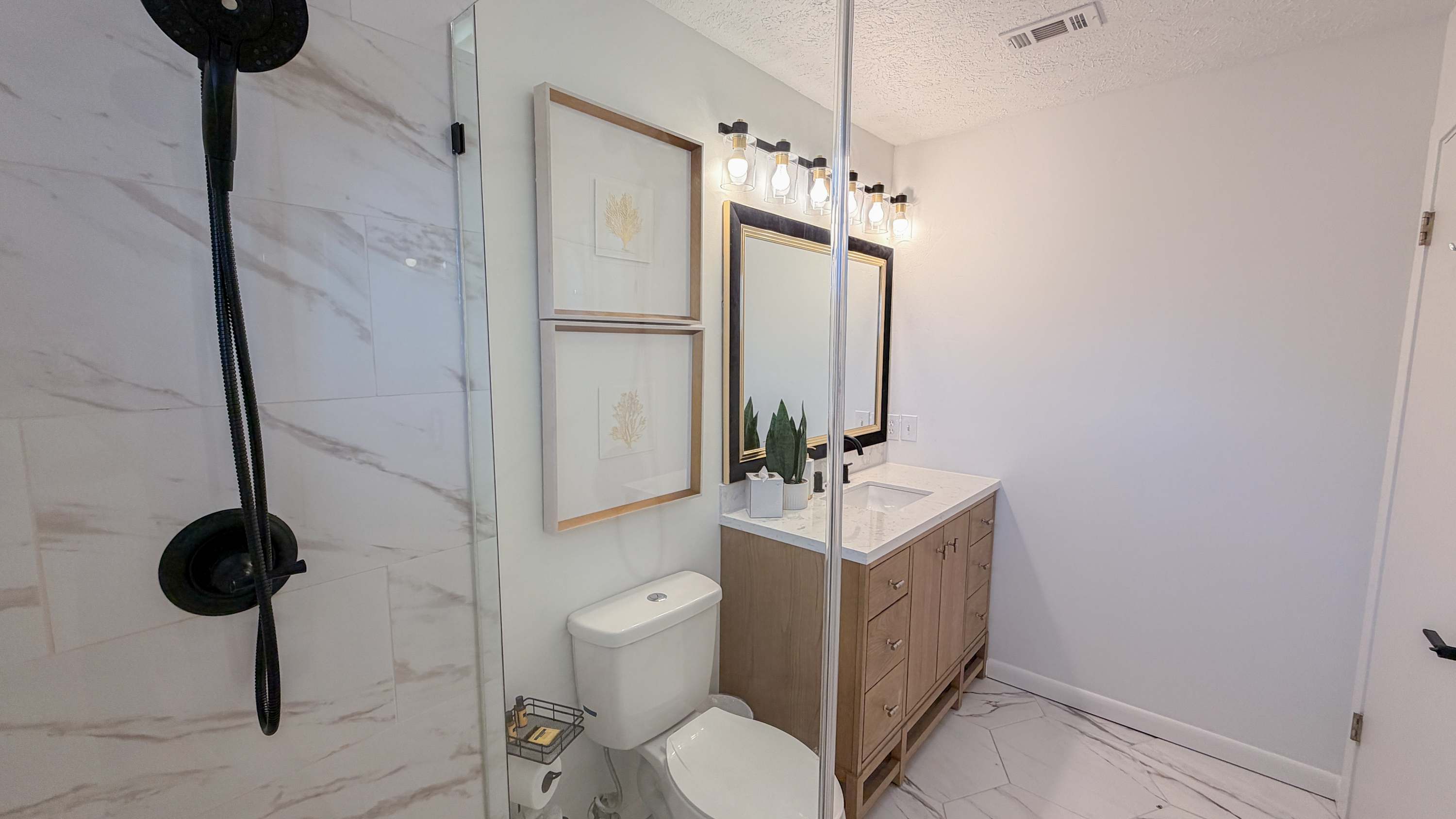 300 W 23rd Pl – Modern bathroom with a shower, vanity, mirror, and decorative plants.