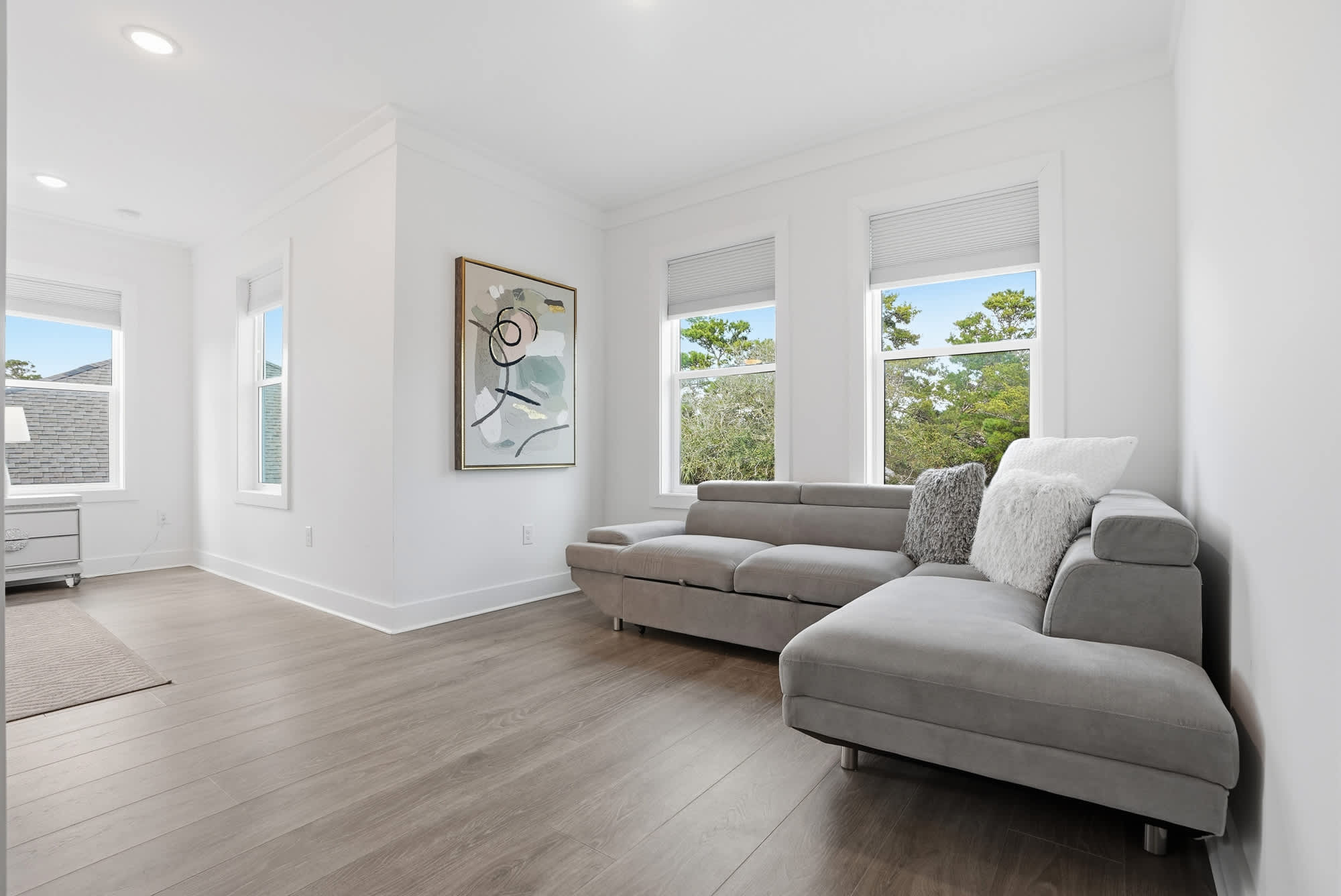 120 Dune Drive – Living room with a gray sectional sofa, artwork on the wall, and windows showing greenery outside.