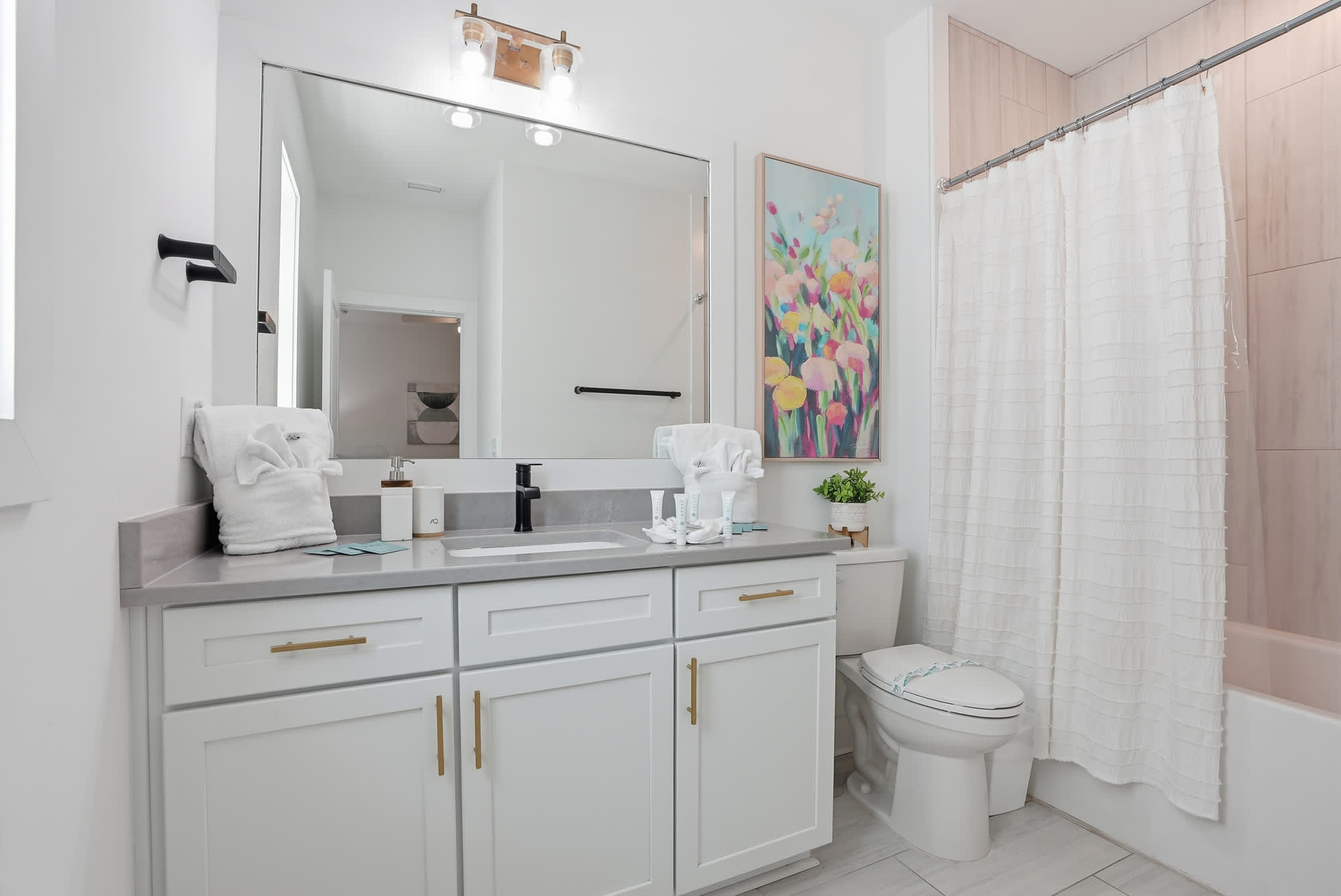 120 Dune Drive – Modern bathroom with a sink, large mirror, shower curtain, and colorful wall art.