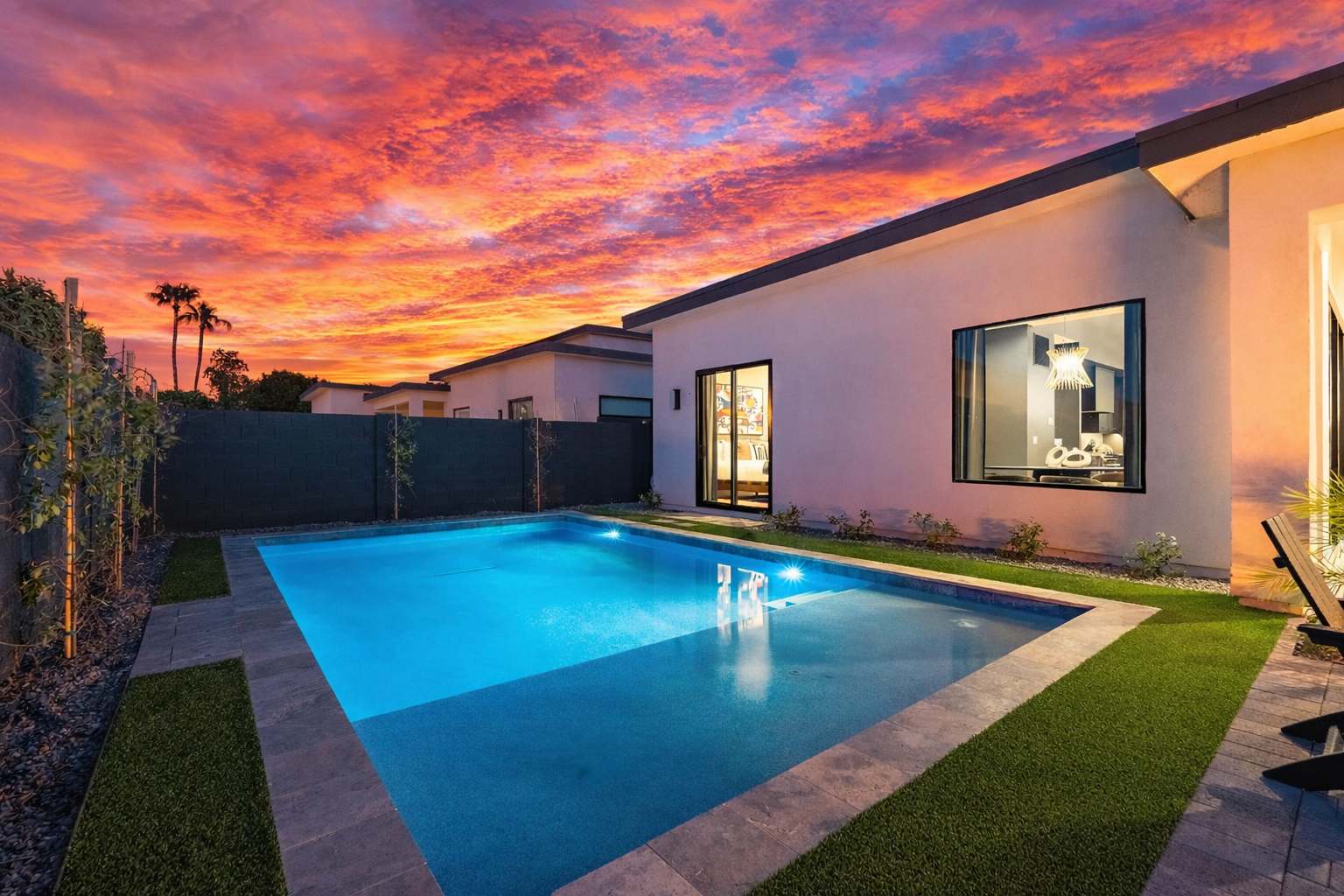 This stunning private yard features a sparkling pool, covered outdoor dining area, sun loungers, lawn space, built-in fire pit & BBQ Grill!