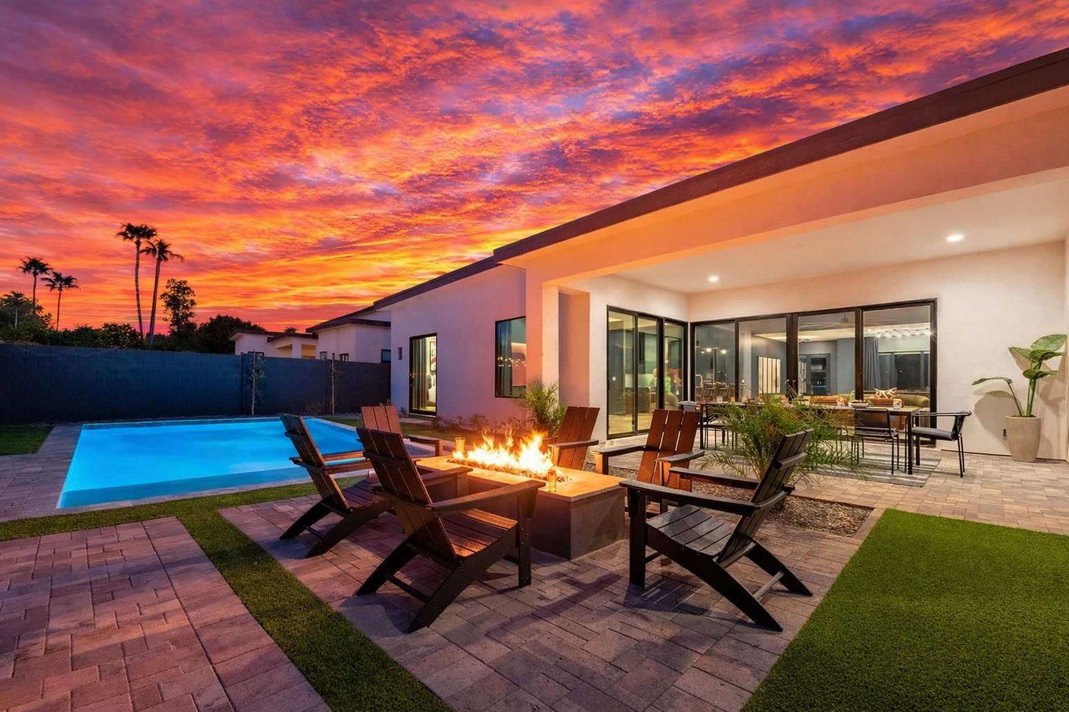 This stunning private yard features a sparkling pool, covered outdoor dining area, sun loungers, lawn space, built-in fire pit & BBQ Grill!