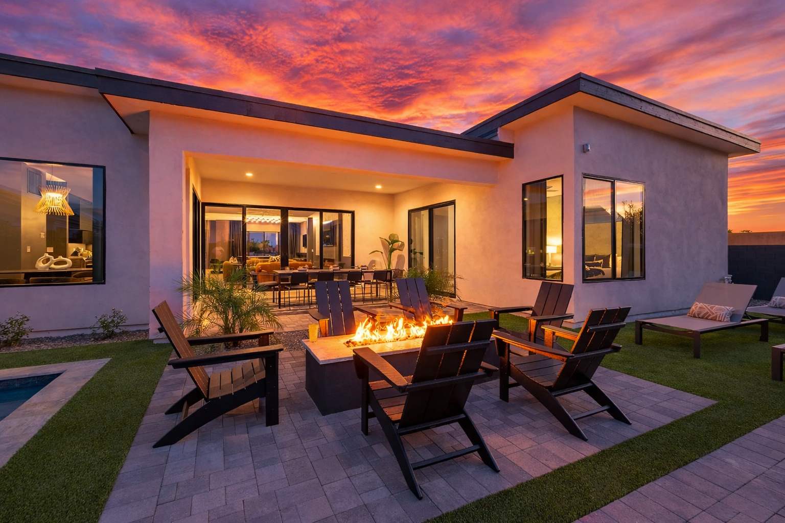 This stunning private yard features a sparkling pool, covered outdoor dining area, sun loungers, lawn space, built-in fire pit & BBQ Grill!