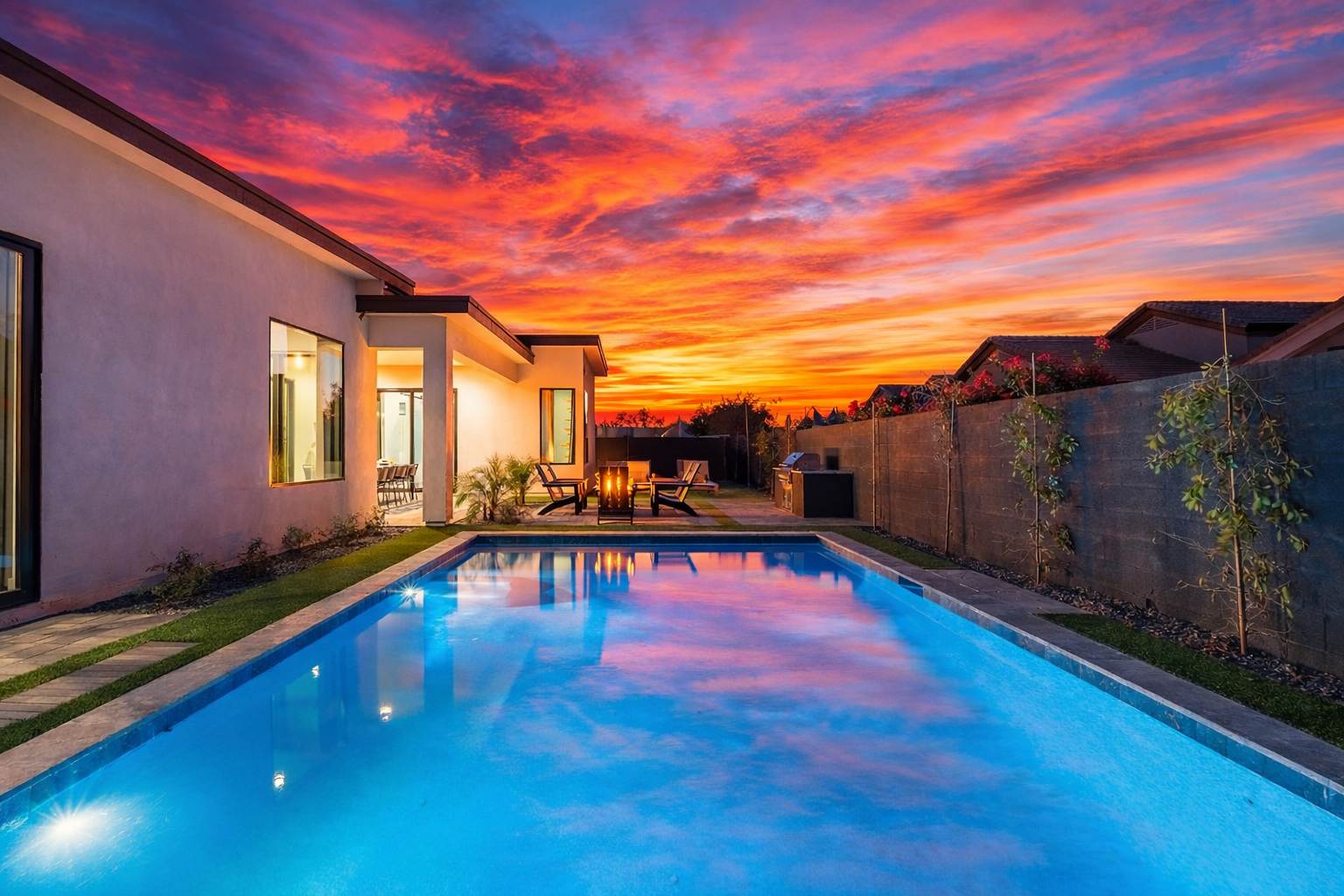 This stunning private yard features a sparkling pool, covered outdoor dining area, sun loungers, lawn space, built-in fire pit & BBQ Grill!