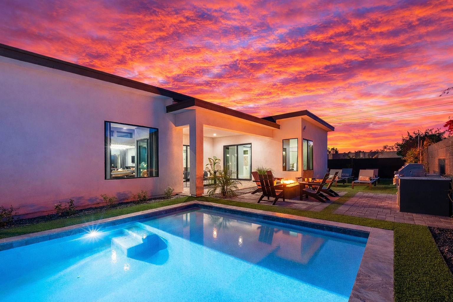 This stunning private yard features a sparkling pool, covered outdoor dining area, sun loungers, lawn space, built-in fire pit & BBQ Grill!