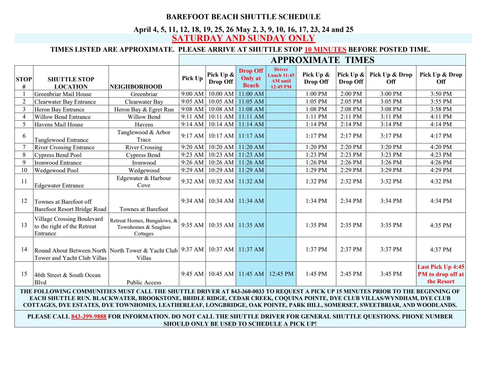 April and May Shuttle Schedule