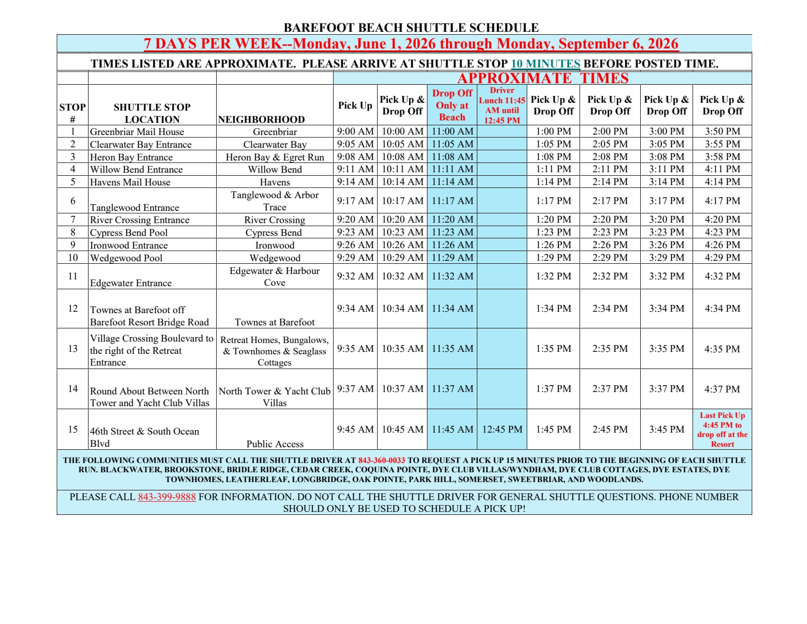 Summer Shuttle Schedule
