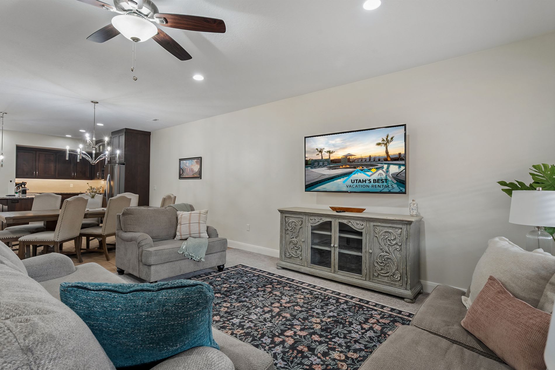 Bright living room connecting to the open kitchen and dining area