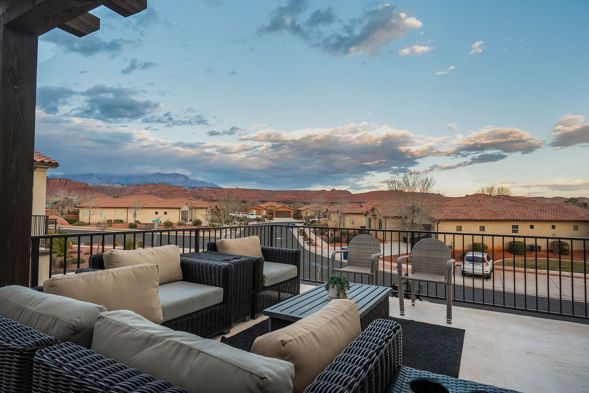 Private balcony patio with seating and beautiful mountain views