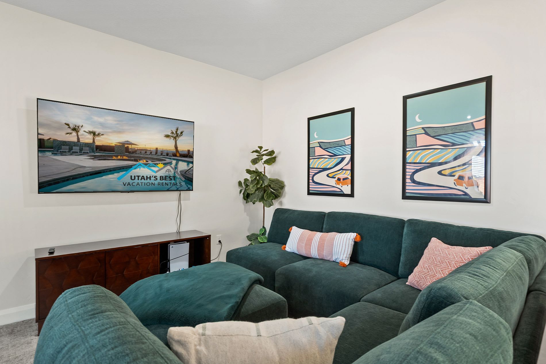 Comfortable living room with plush sectional seating and bright coastal décor