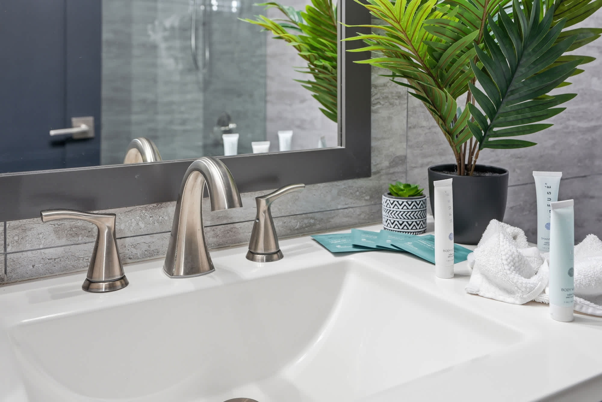 The Summit 132 – Bathroom sink with modern fixtures, toiletries, and decorative plants in a stylish setting.
