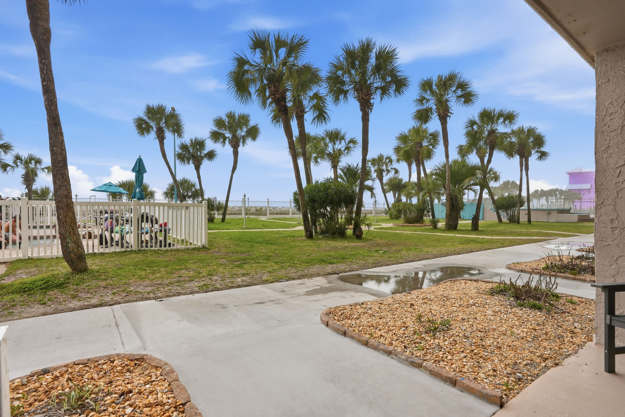 The Summit 132 – View of landscaped area with palm trees and pool area at The Summit 132.