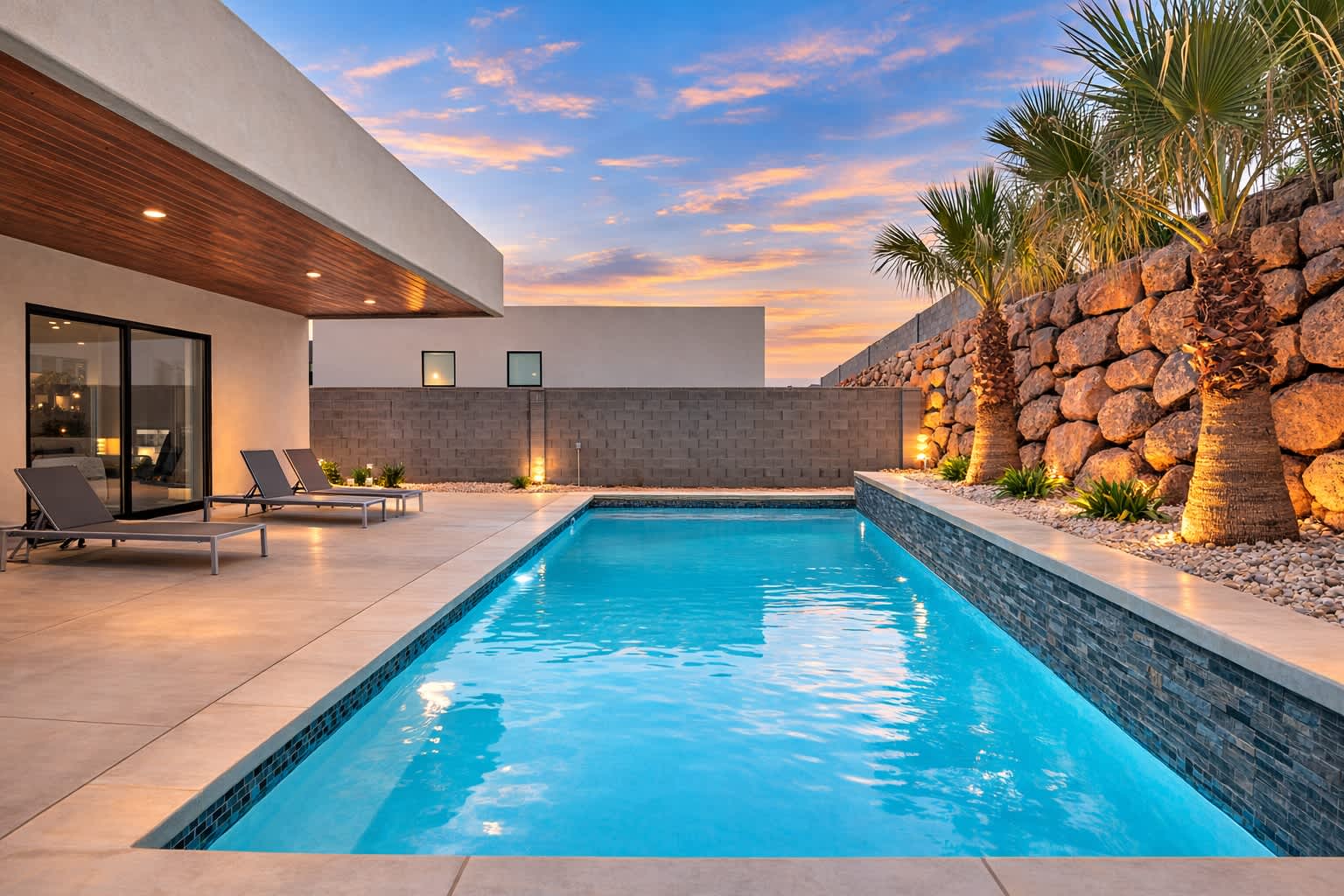 Pool with boulder wall landscape