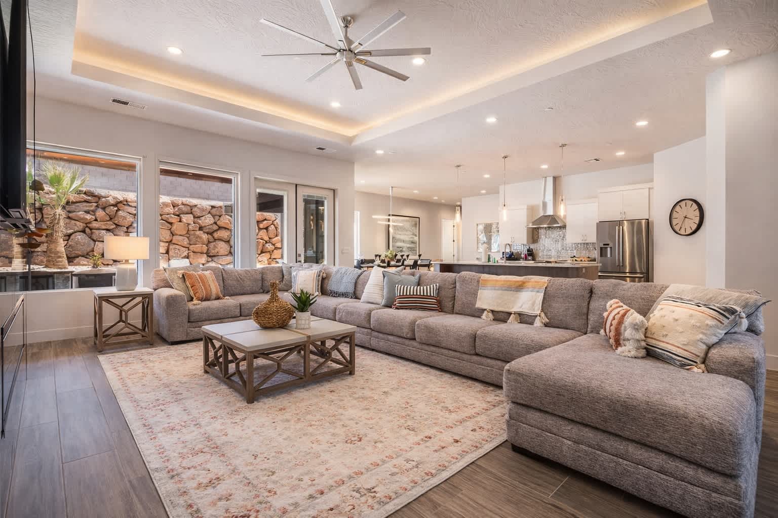 Family room open to kitchen and dining area