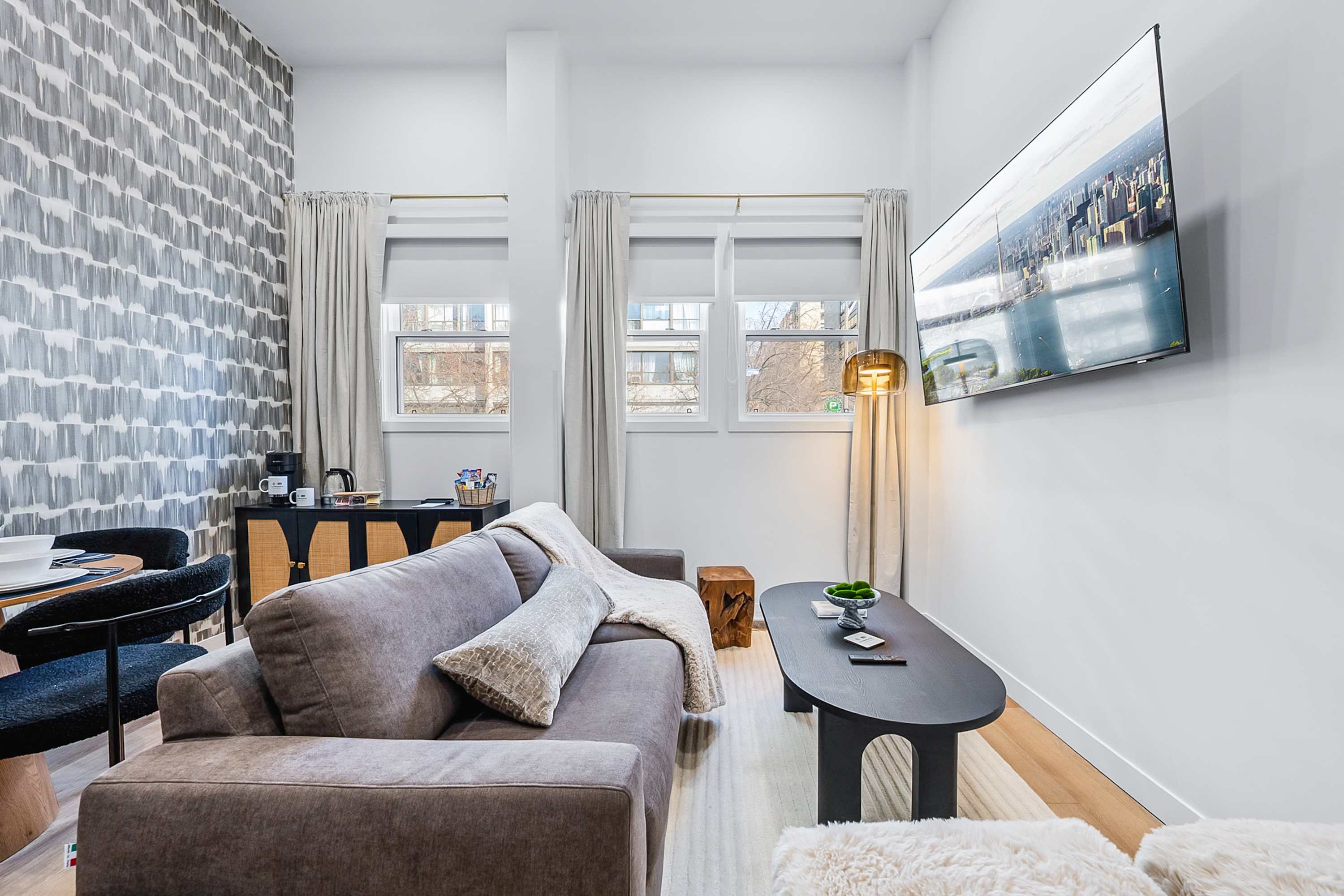 Cozy lounge, smart TV and modern décor.