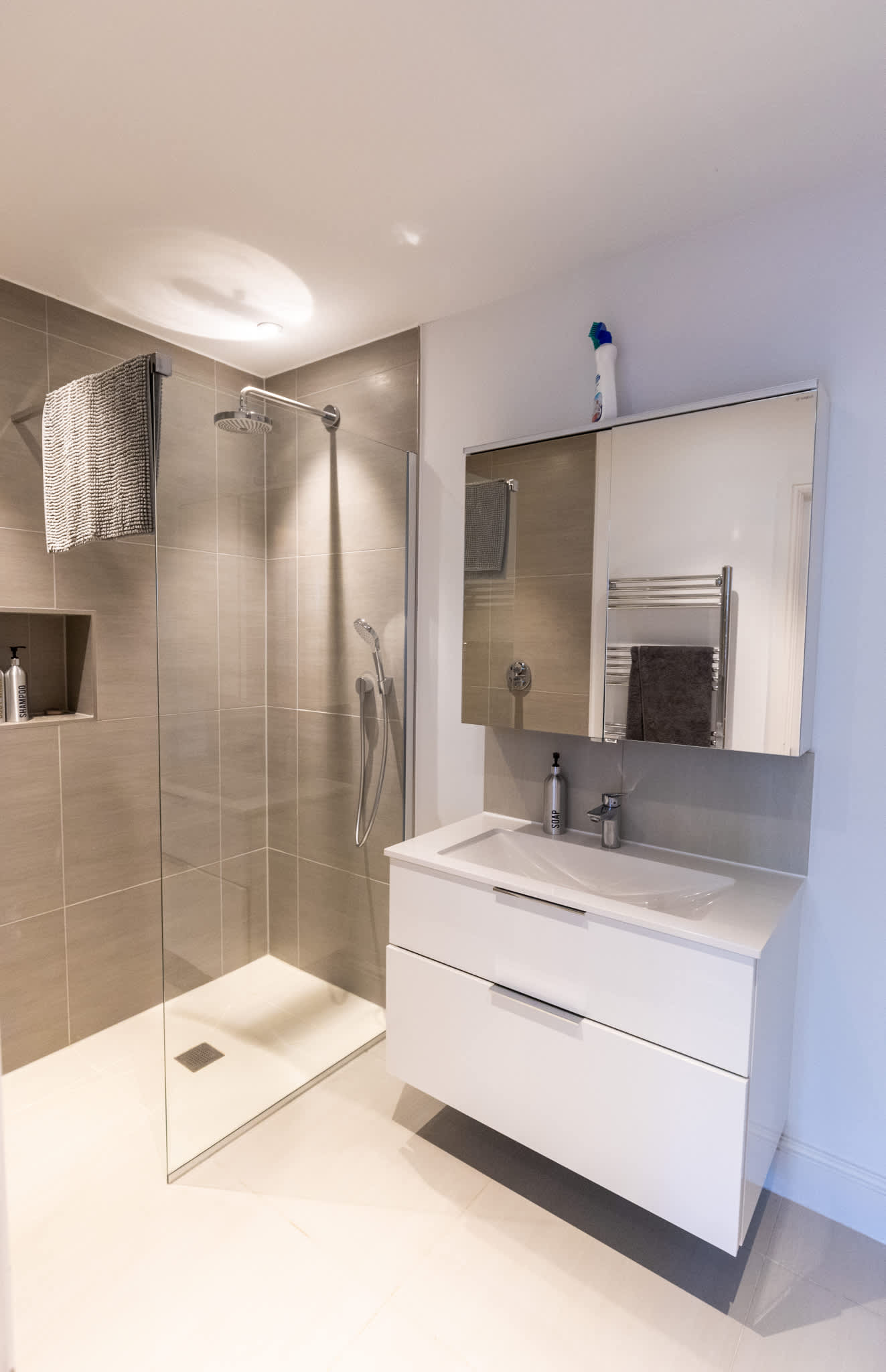 Contemporary bathroom with walk-in shower, sleek vanity and modern finishes.