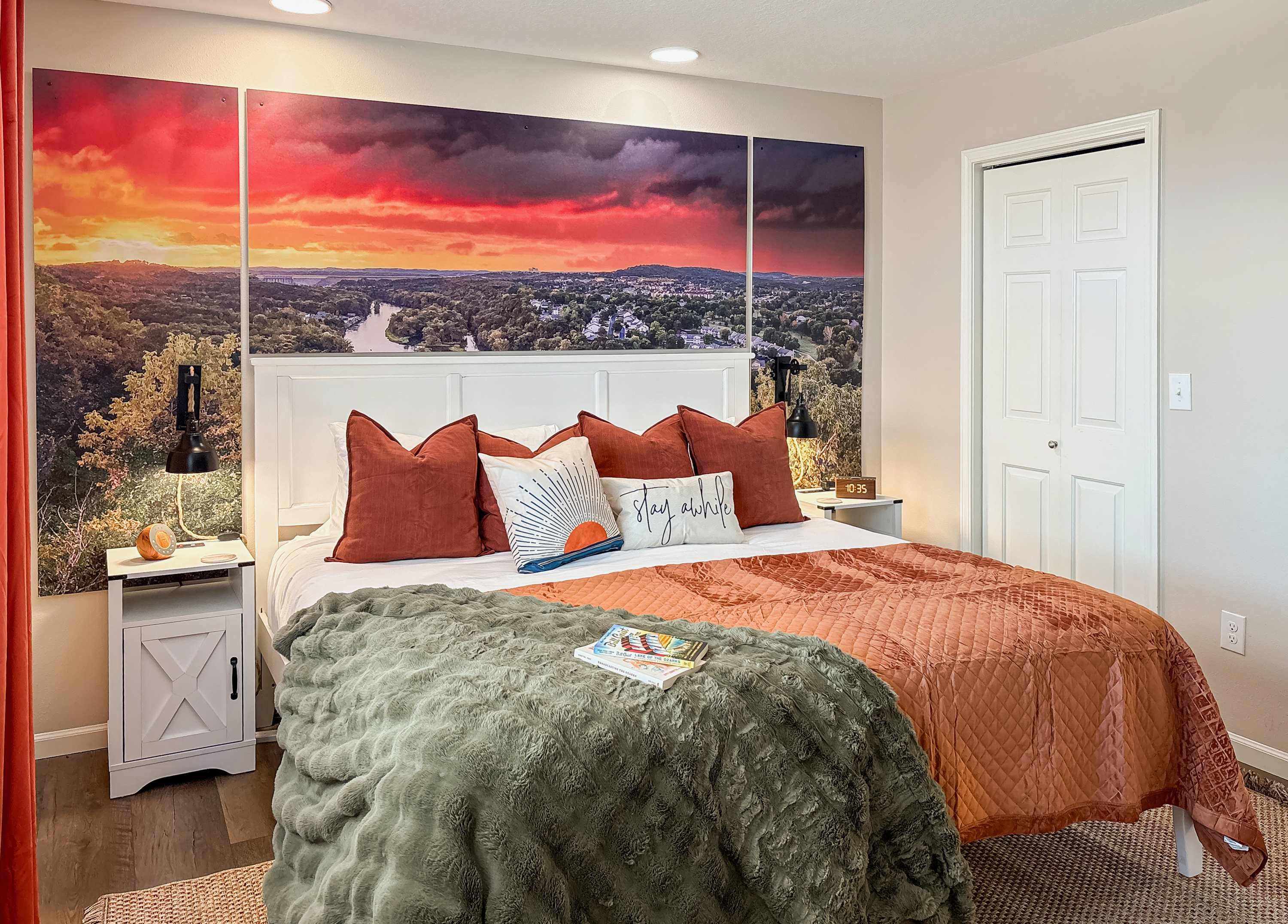 There’s a King bed with individual reading lights, night stands, and a sound machine / alarm clock.