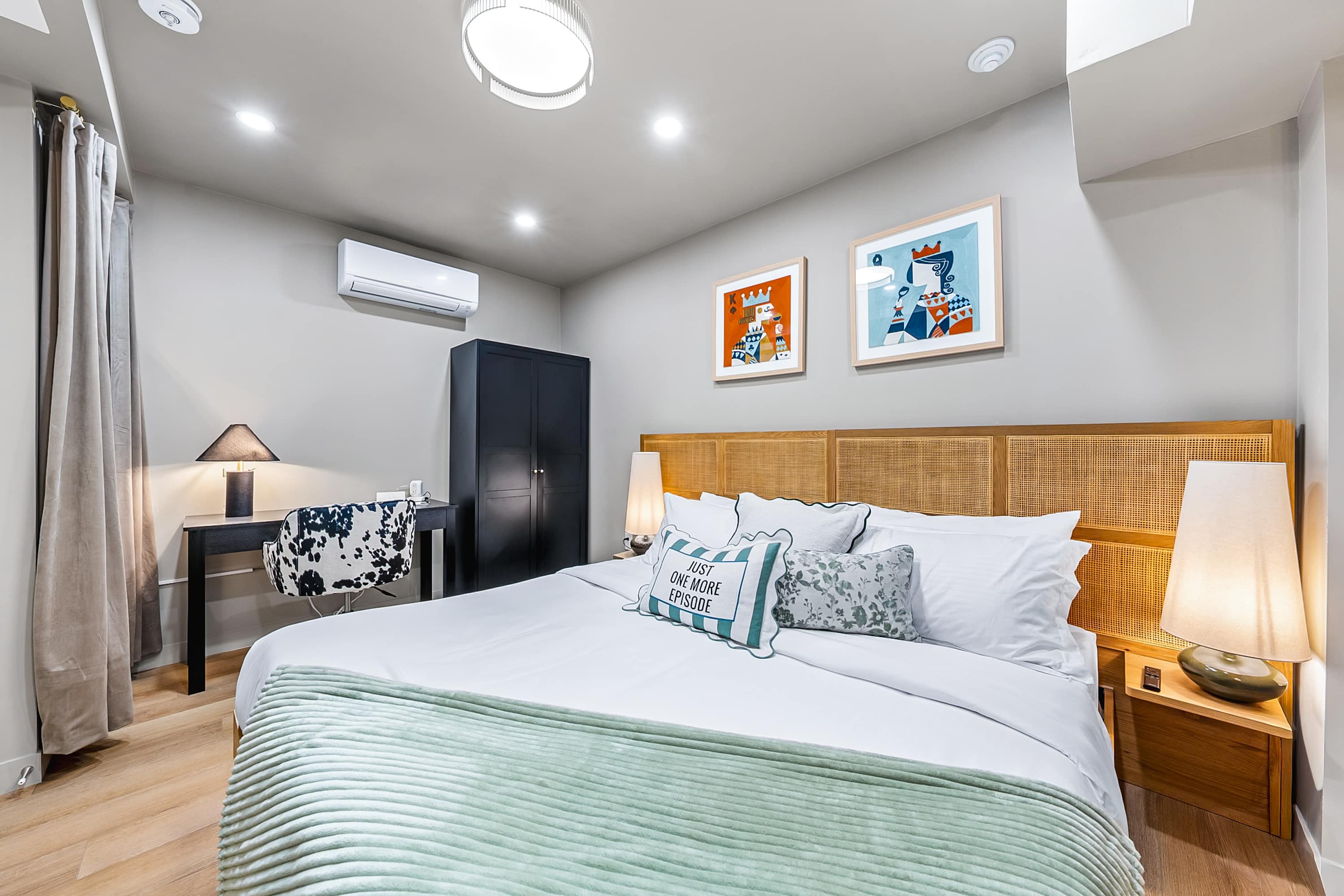 Relaxing bedroom with a comfortable king bed.