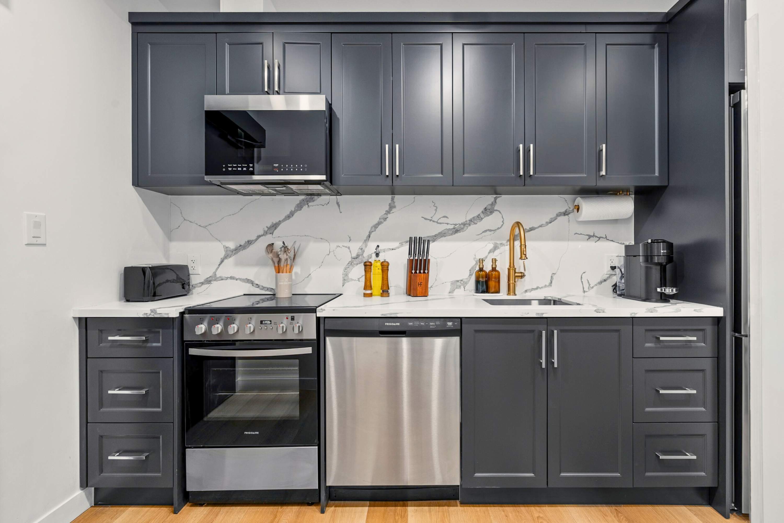 Modern kitchen with ample counter space and storage.