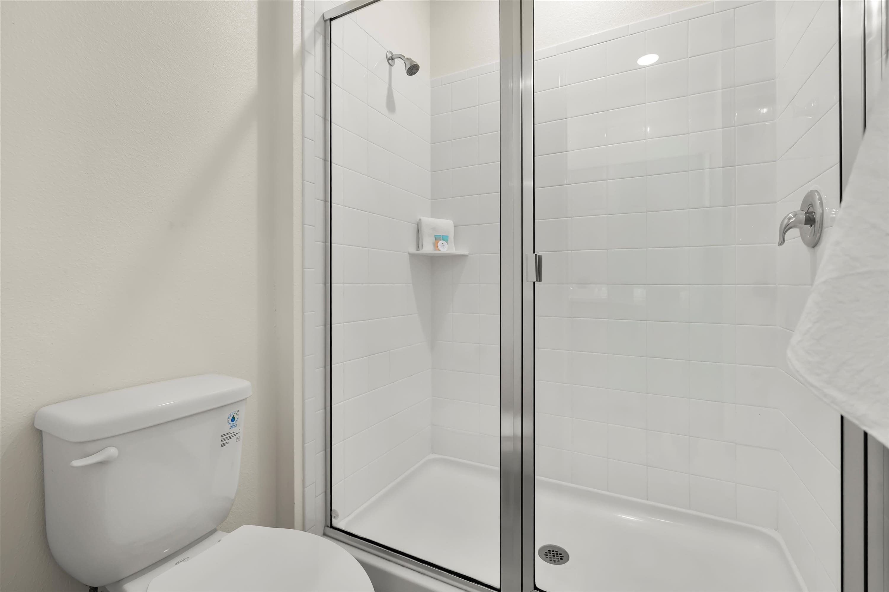 Walk-in shower in the king bedroom’s bathroom, perfect for a refreshing start.