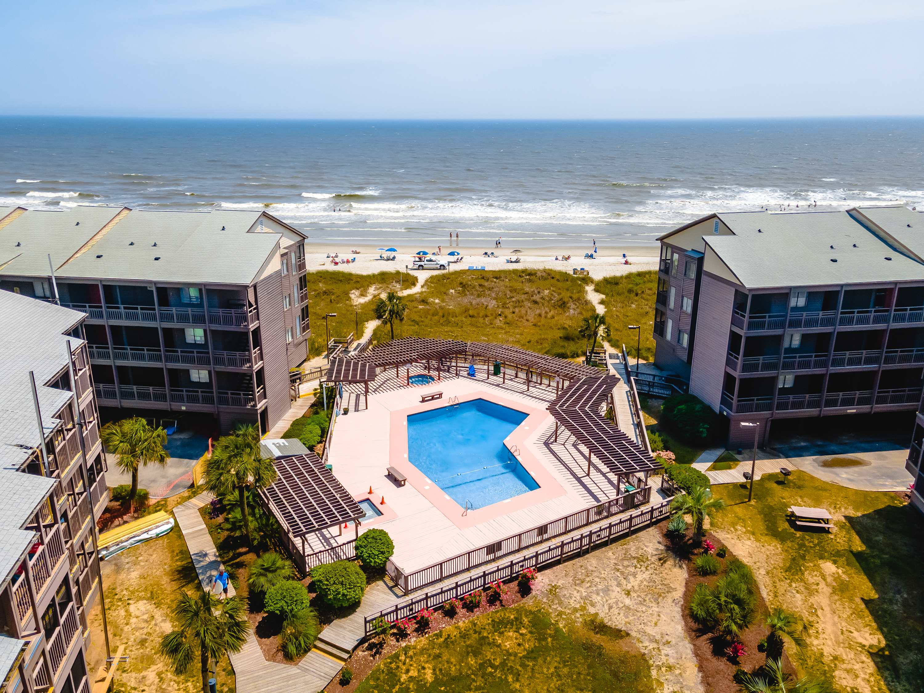 Aerial View of Oceanfront Pool Deck Right Across the Street