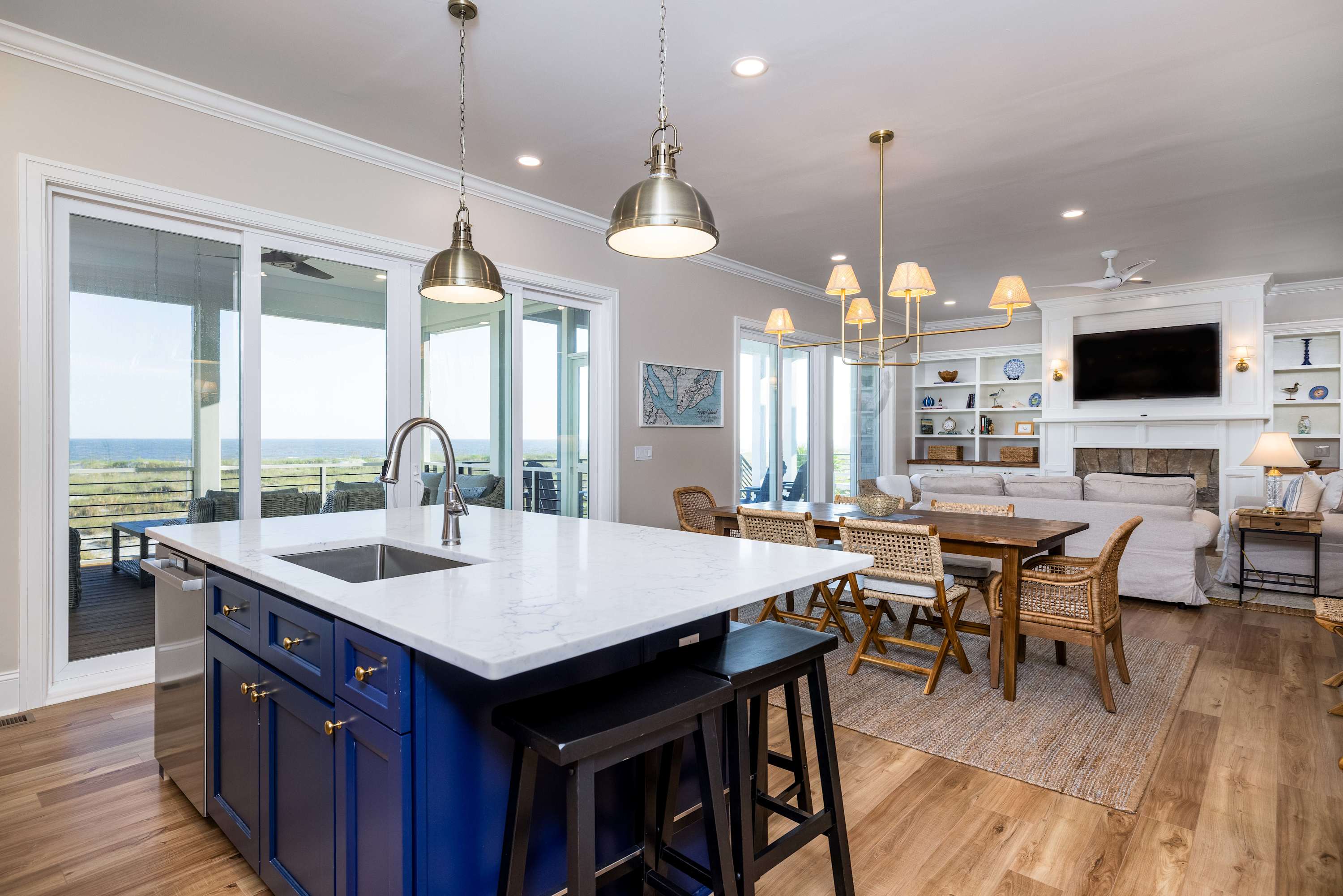 Island Bar, Dining Area and Living Room from the Kitchen View