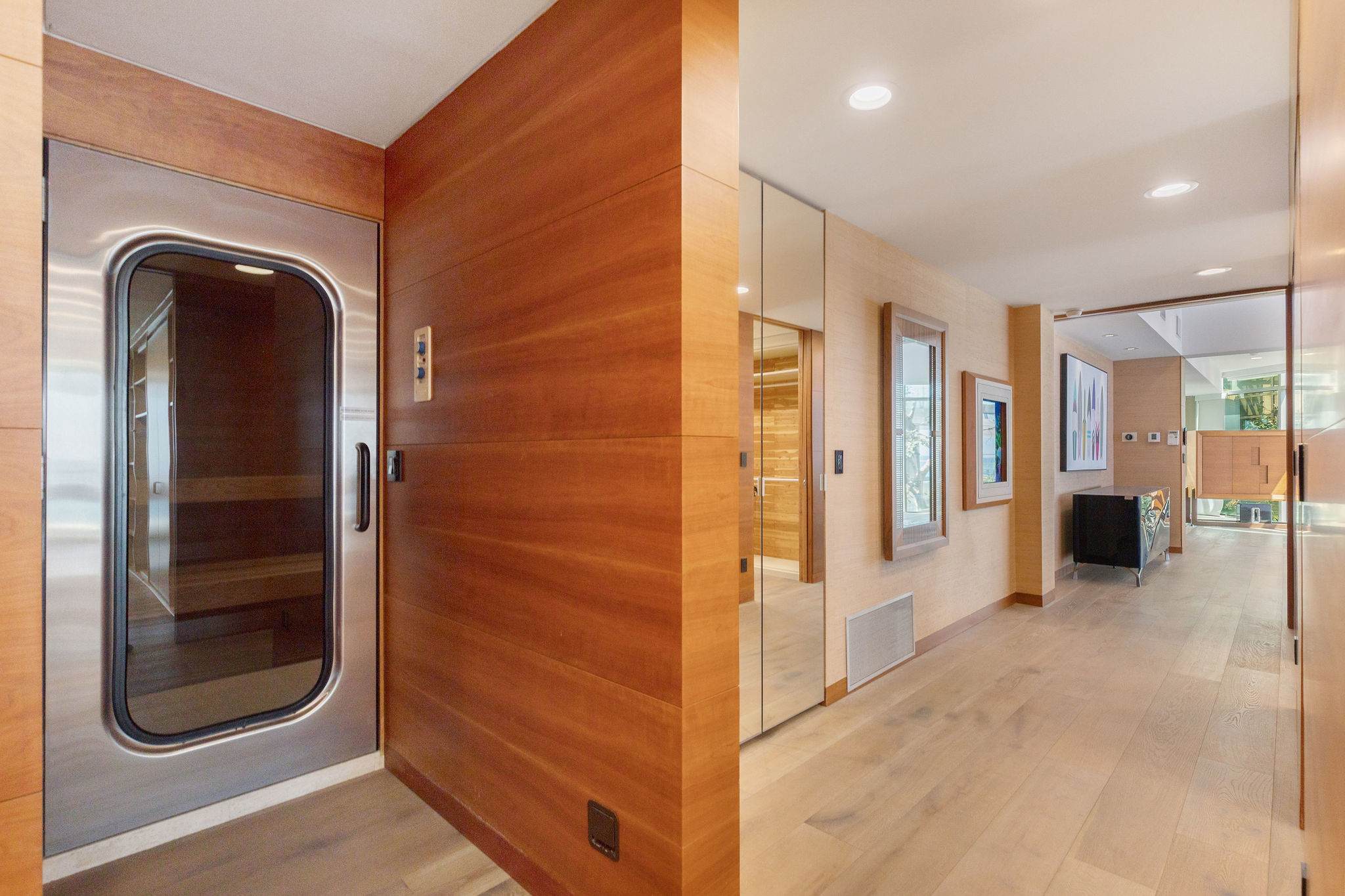 Private cedar sauna within the Malibu oceanfront wellness suite.