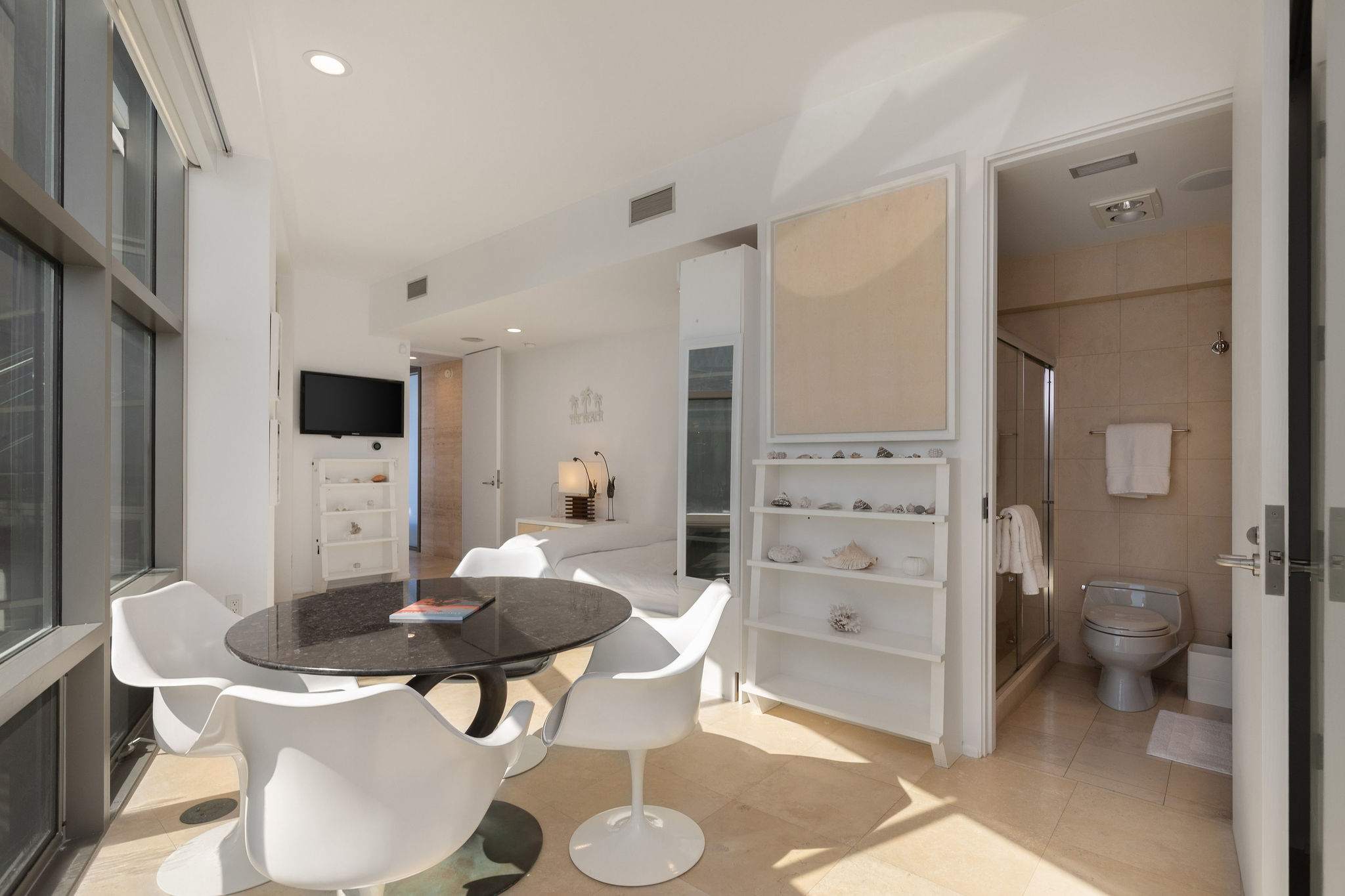 Bedroom lounge and dressing area in a Malibu oceanfront suite.
