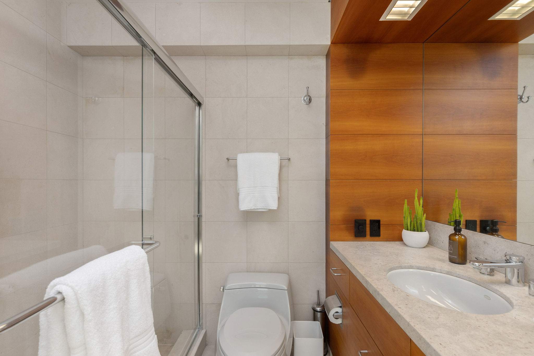 Modern Malibu bath with glass walk-in shower and stone finishes.
