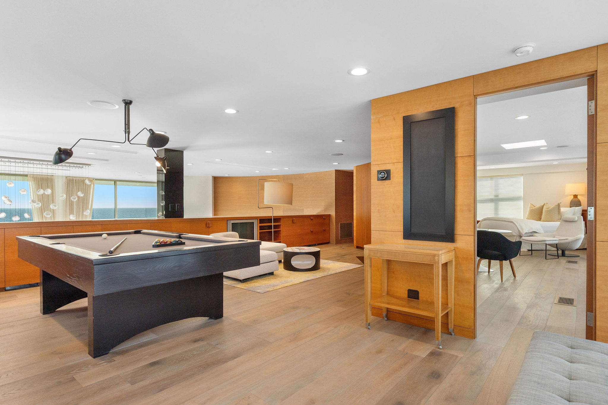 Private billiards lounge inside this Malibu oceanfront residence.