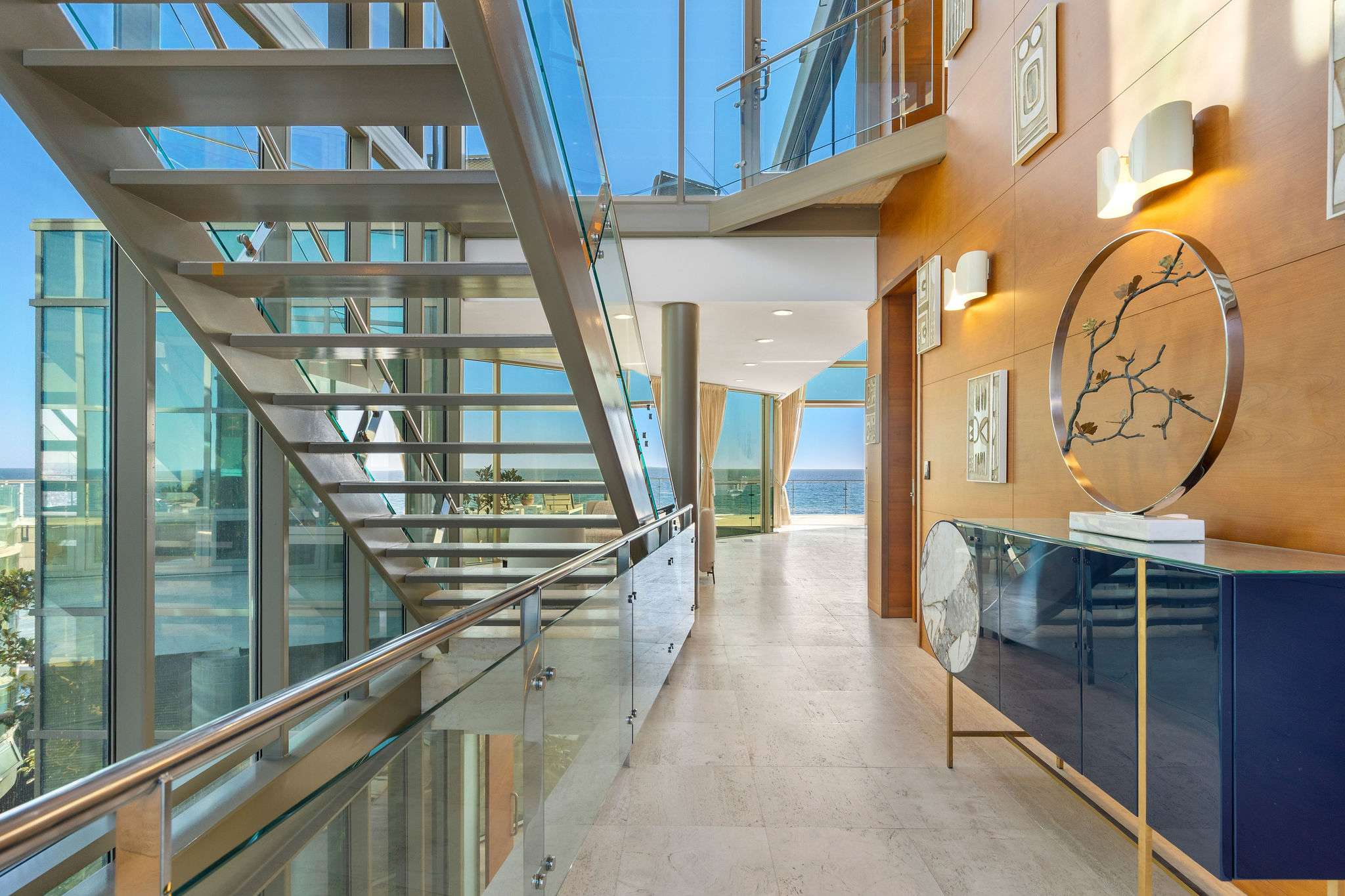 Interior gallery walkway within this Malibu architectural residence.