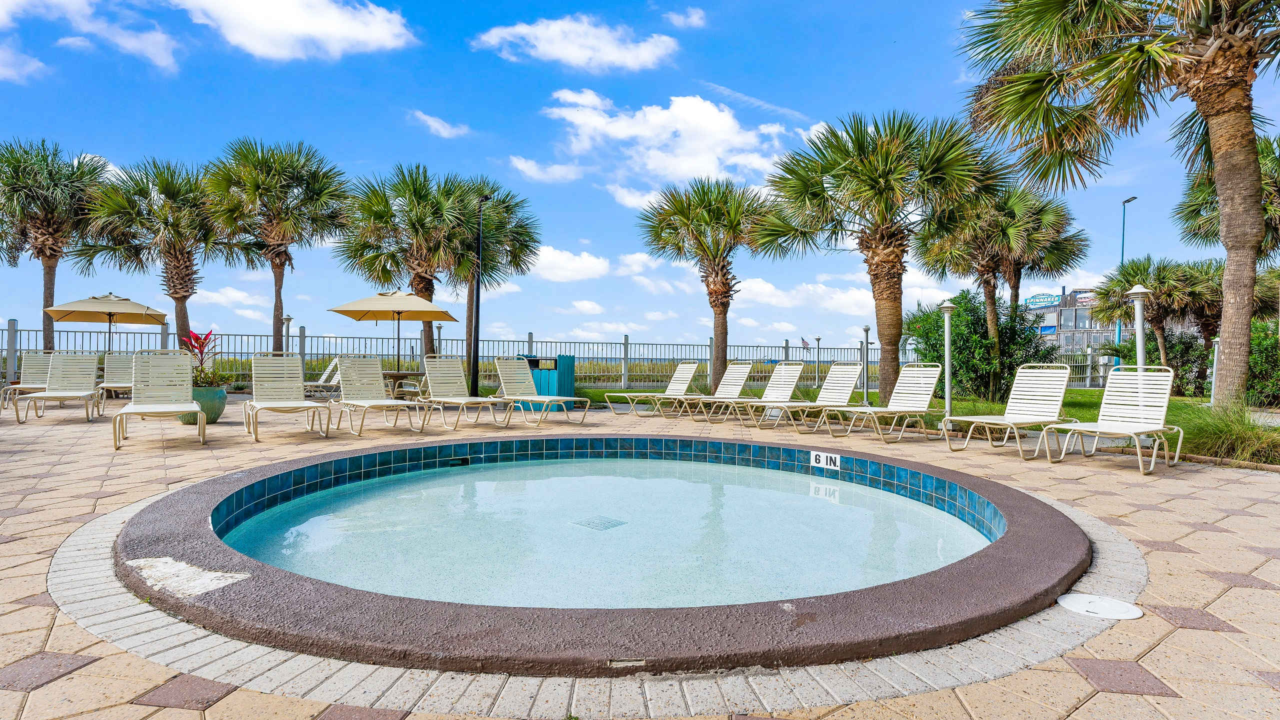 The Summit 419 – Hot tub surrounded by palm trees and lounge chairs, with a clear blue sky in the background.