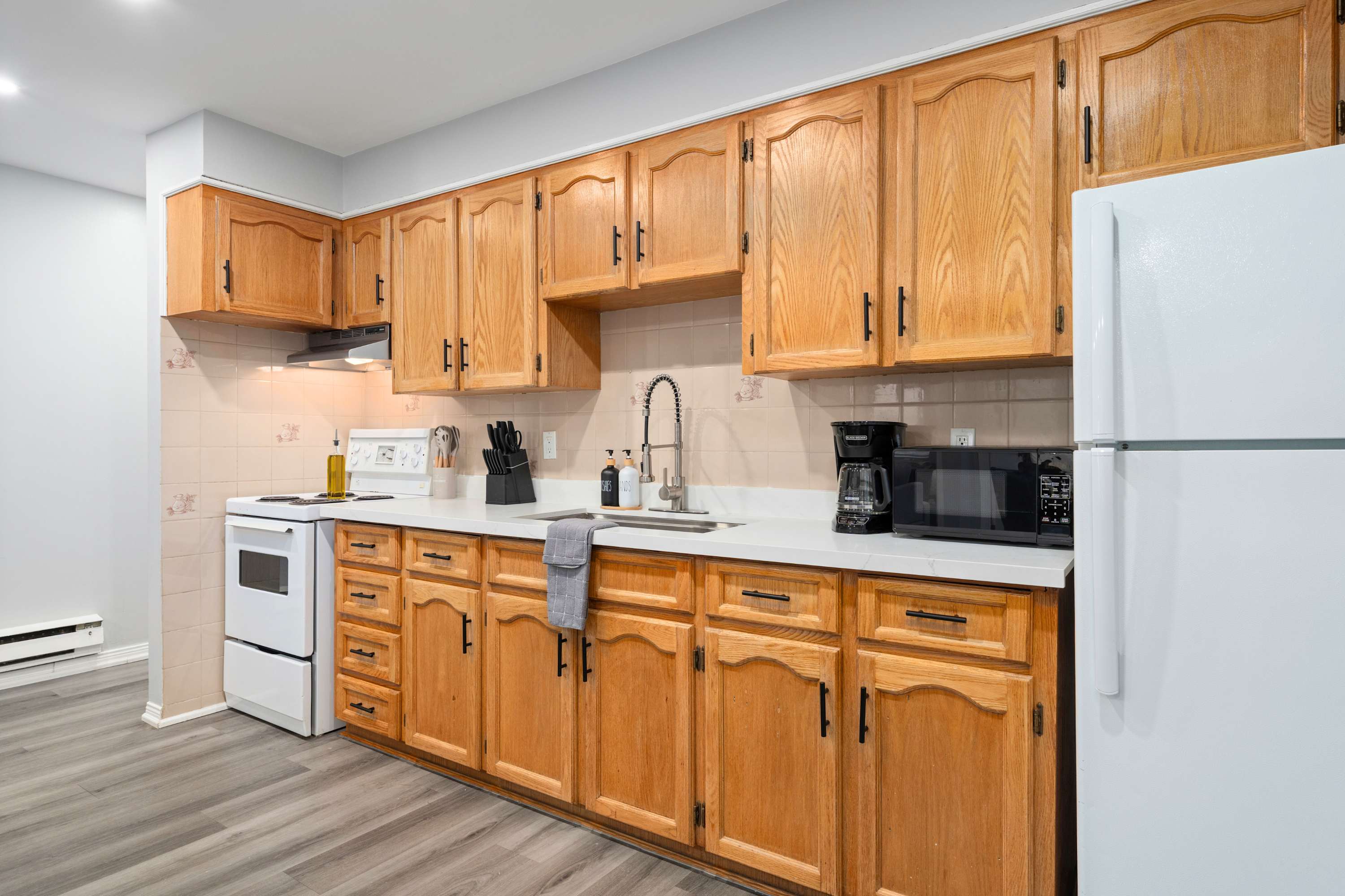 Modern appliances and plenty of counter space. Everything you need to cook and recharge.