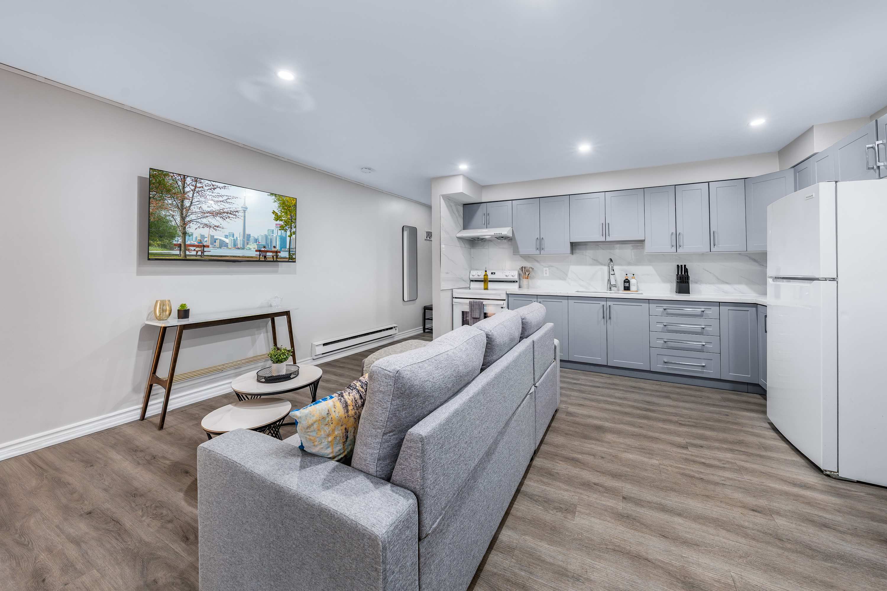 Bright open living space with open modern kitchen.