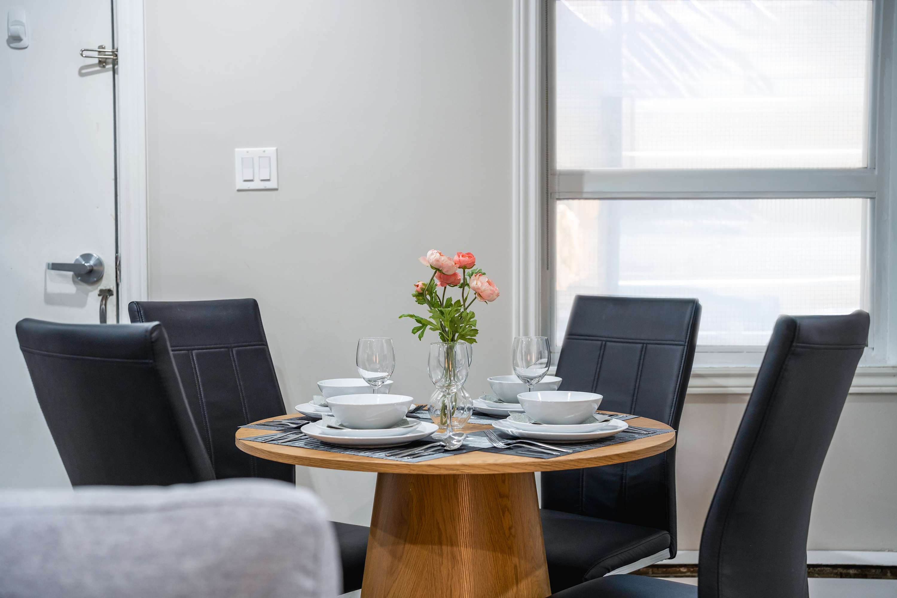 Dining table in the open living area.