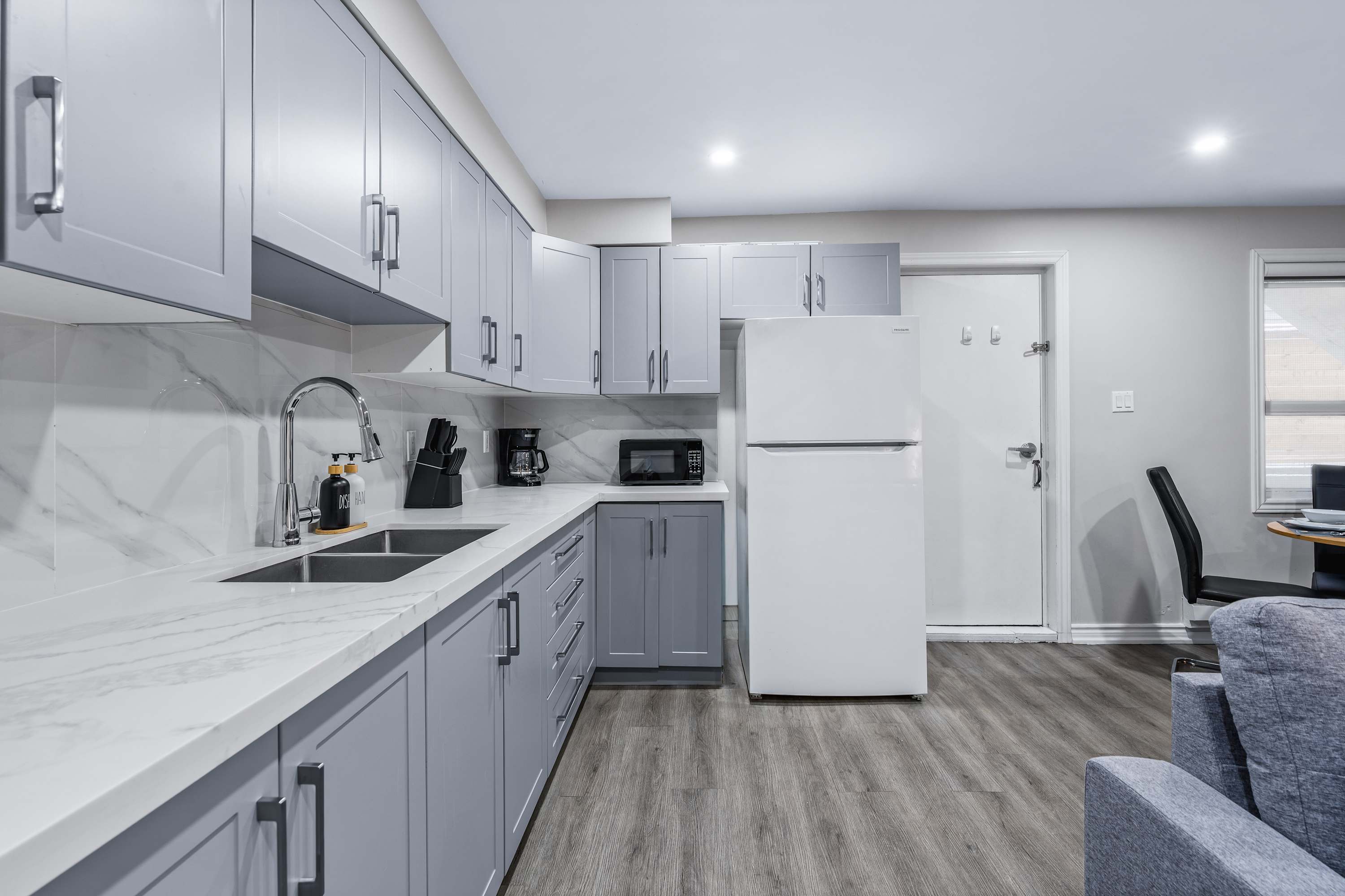 Bright kitchen with ample counter space.