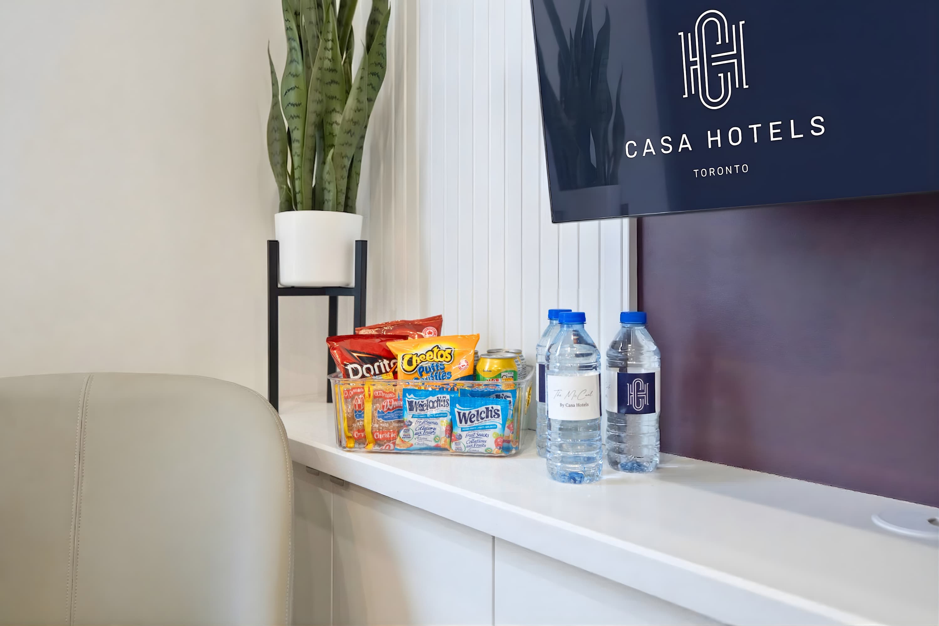 Bottled water and snacks upon arrival.