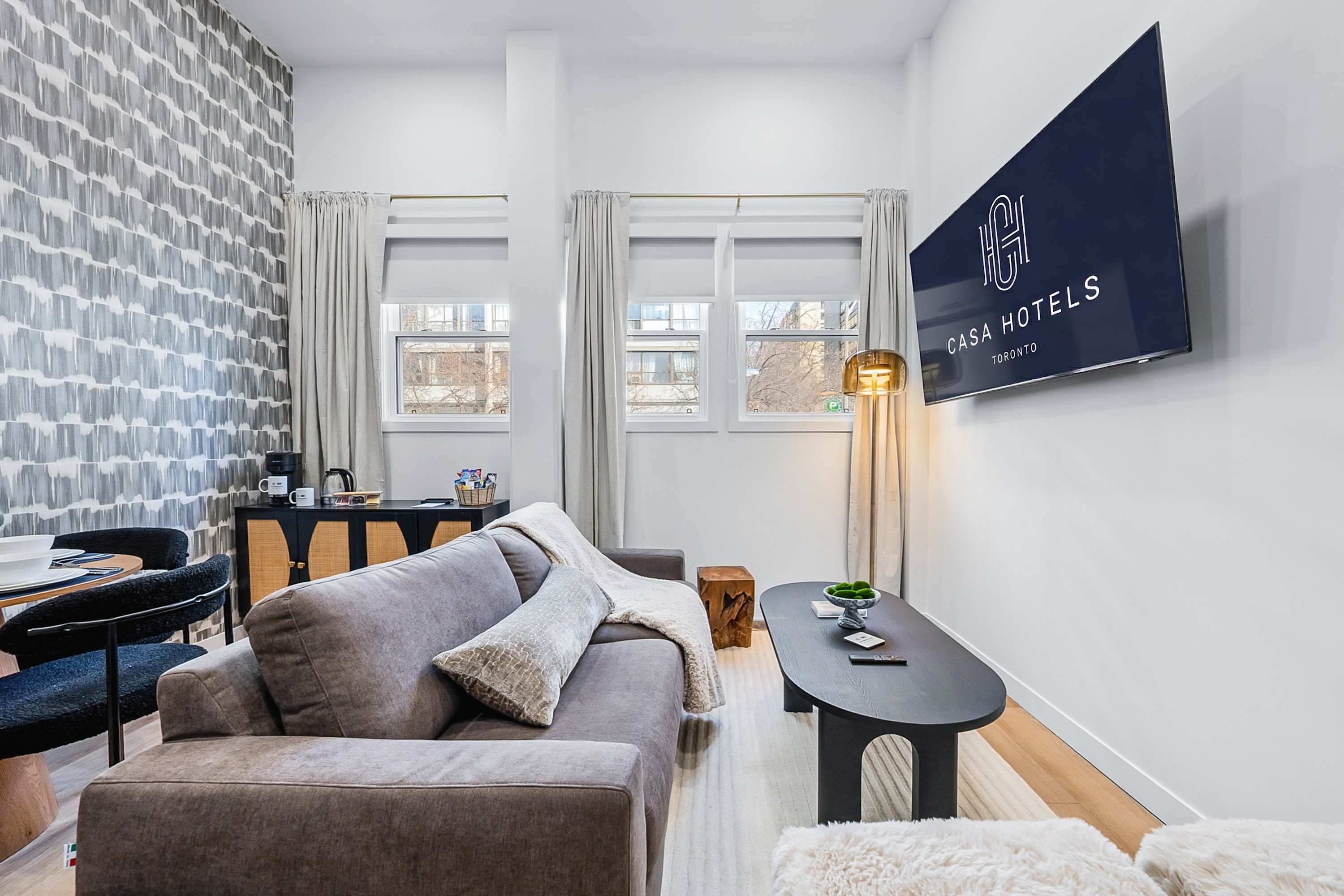 Cozy lounge, smart TV and modern décor.