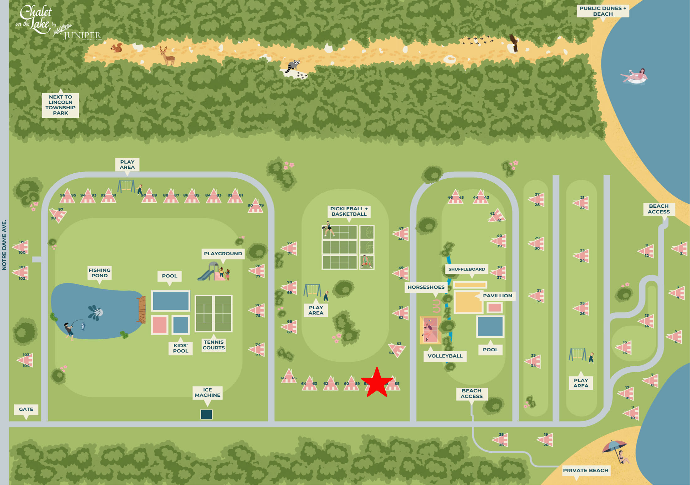 Chalet #57's location is indicated by the red star on the map.