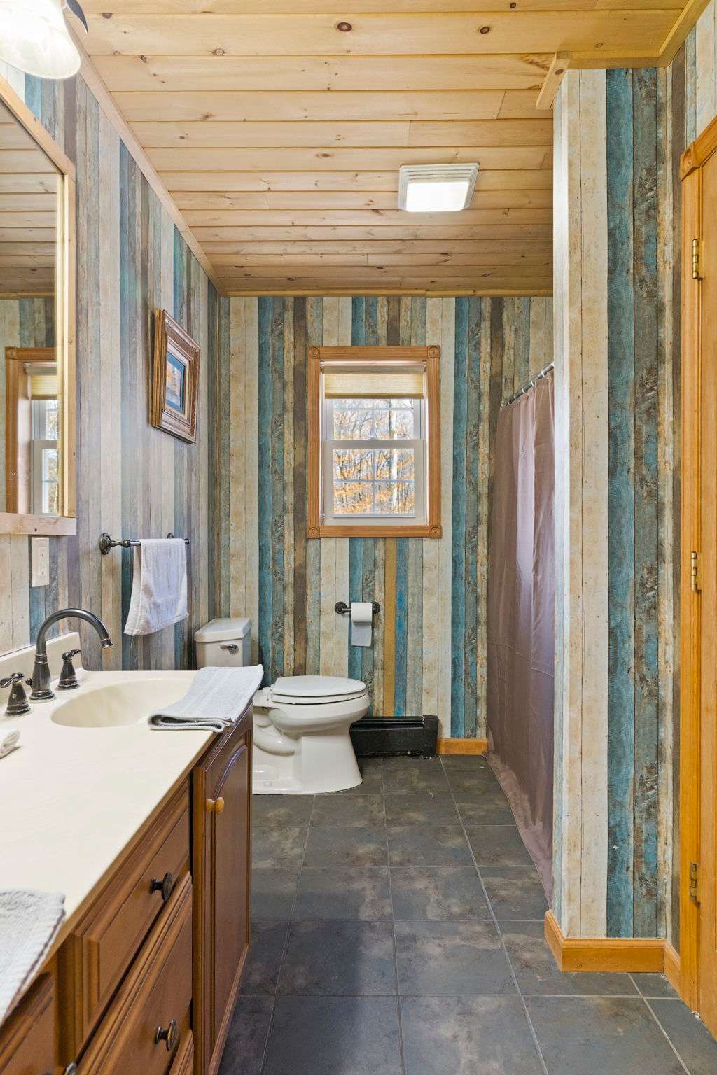 Rustic bathroom with colorful wood paneling, a skylight, and natural warmth
