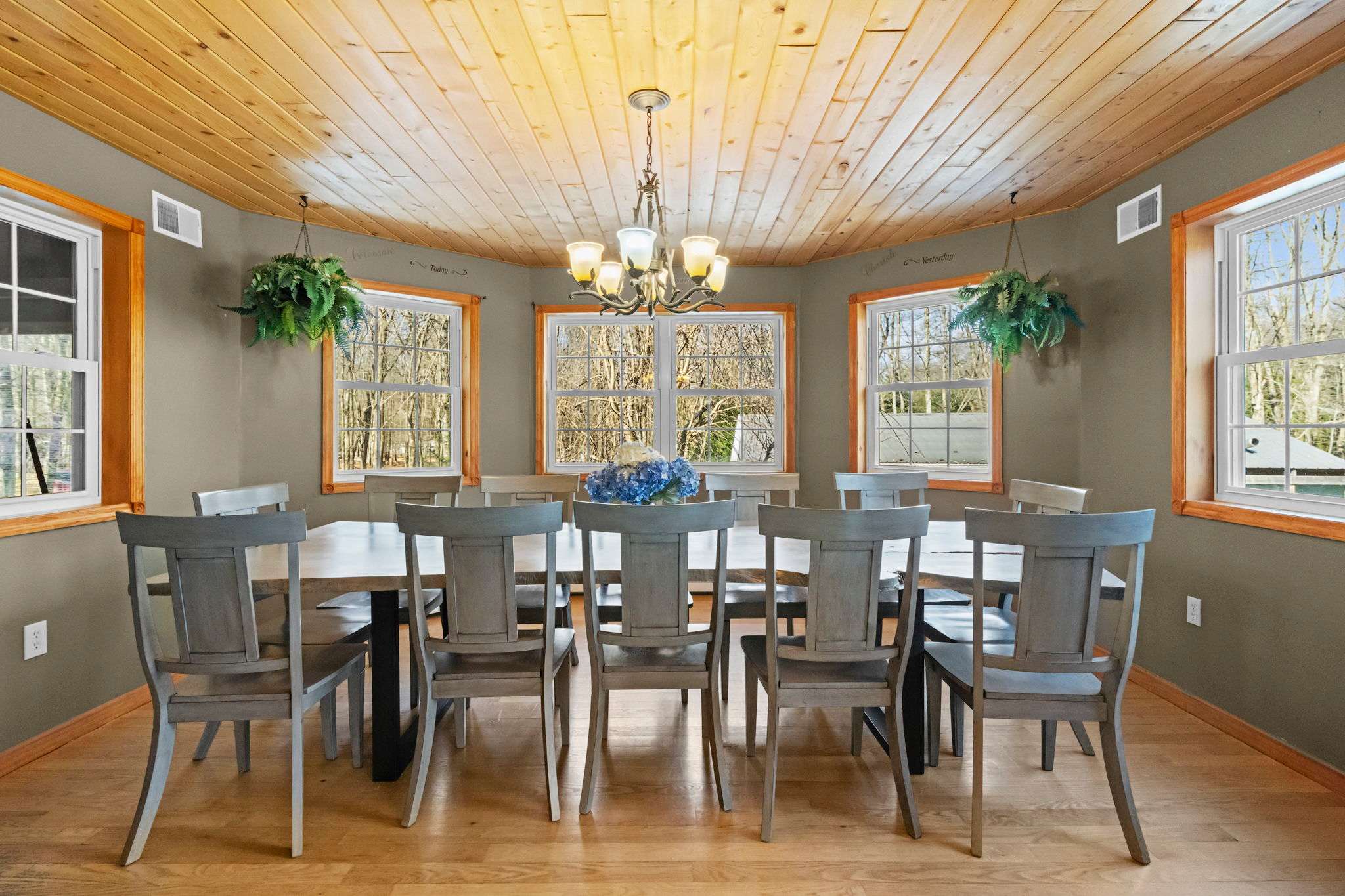 Vaulted wood ceilings and hanging greenery frame this inviting dining space