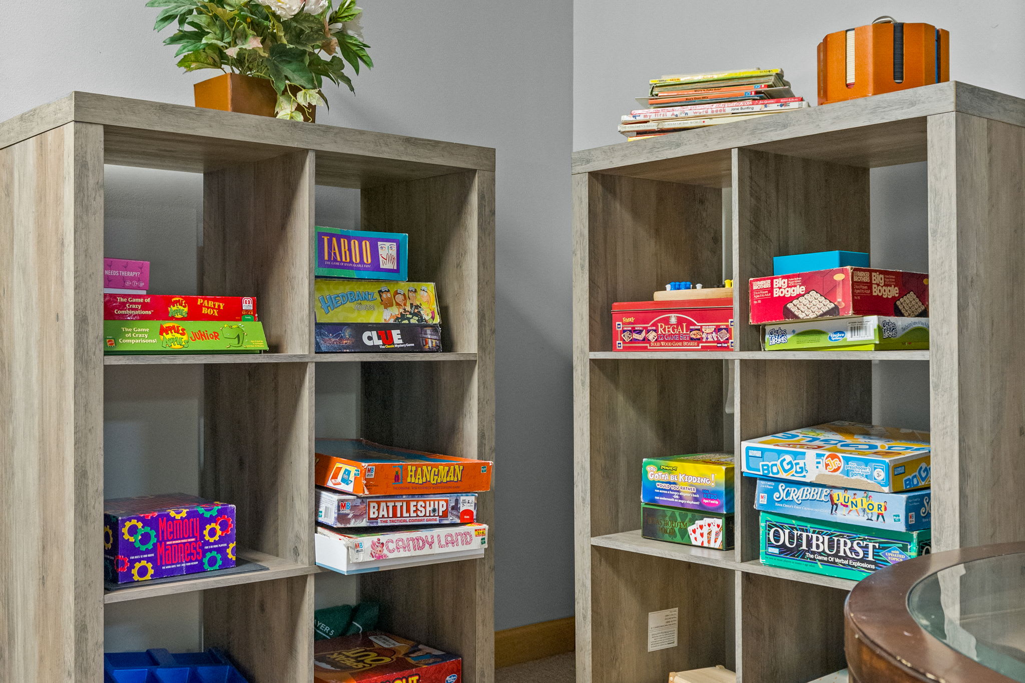 Shelves stacked with board games for rainy day fun with the whole family