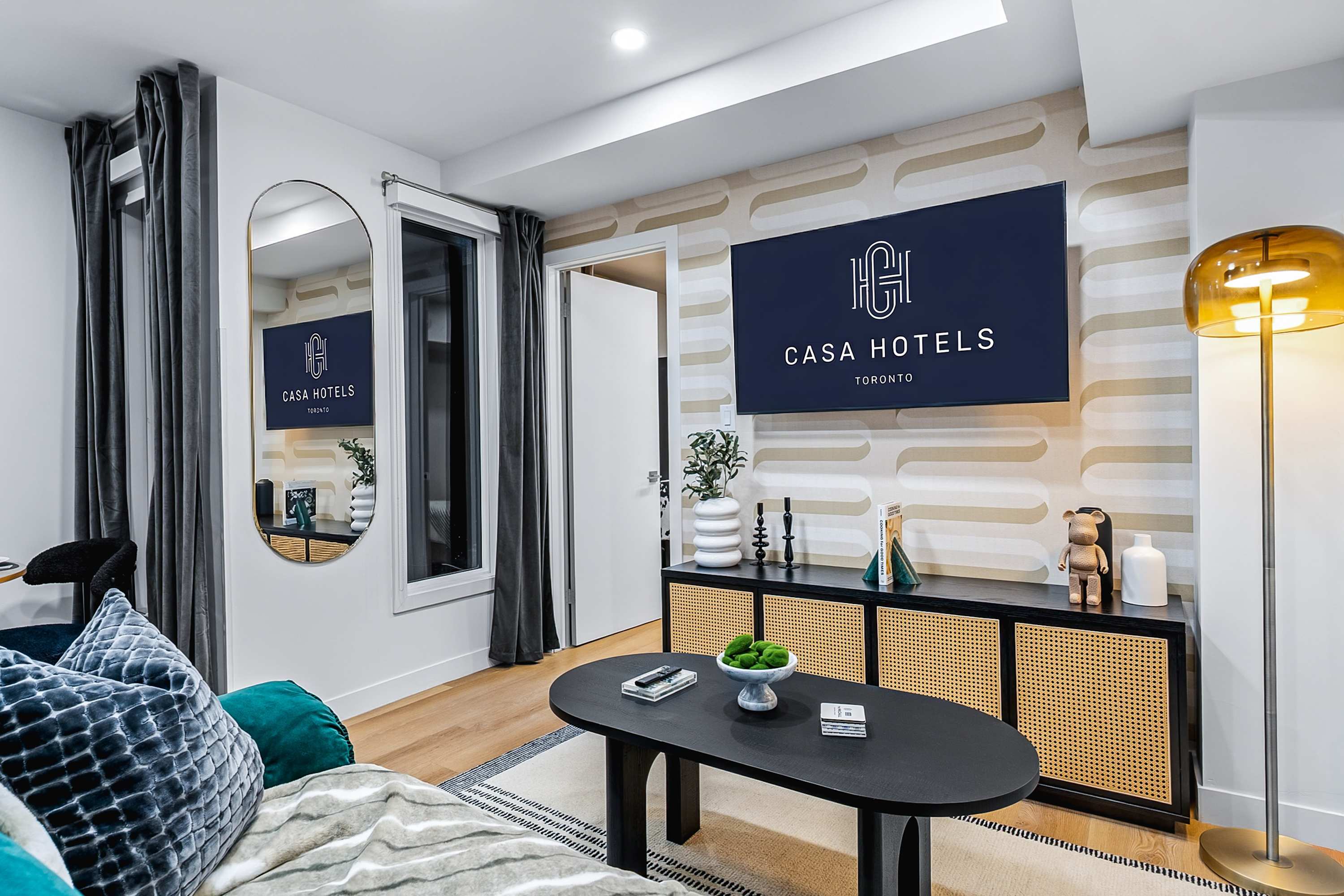 Bright & stylish living room with a comfortable sofa bed and smart TV.