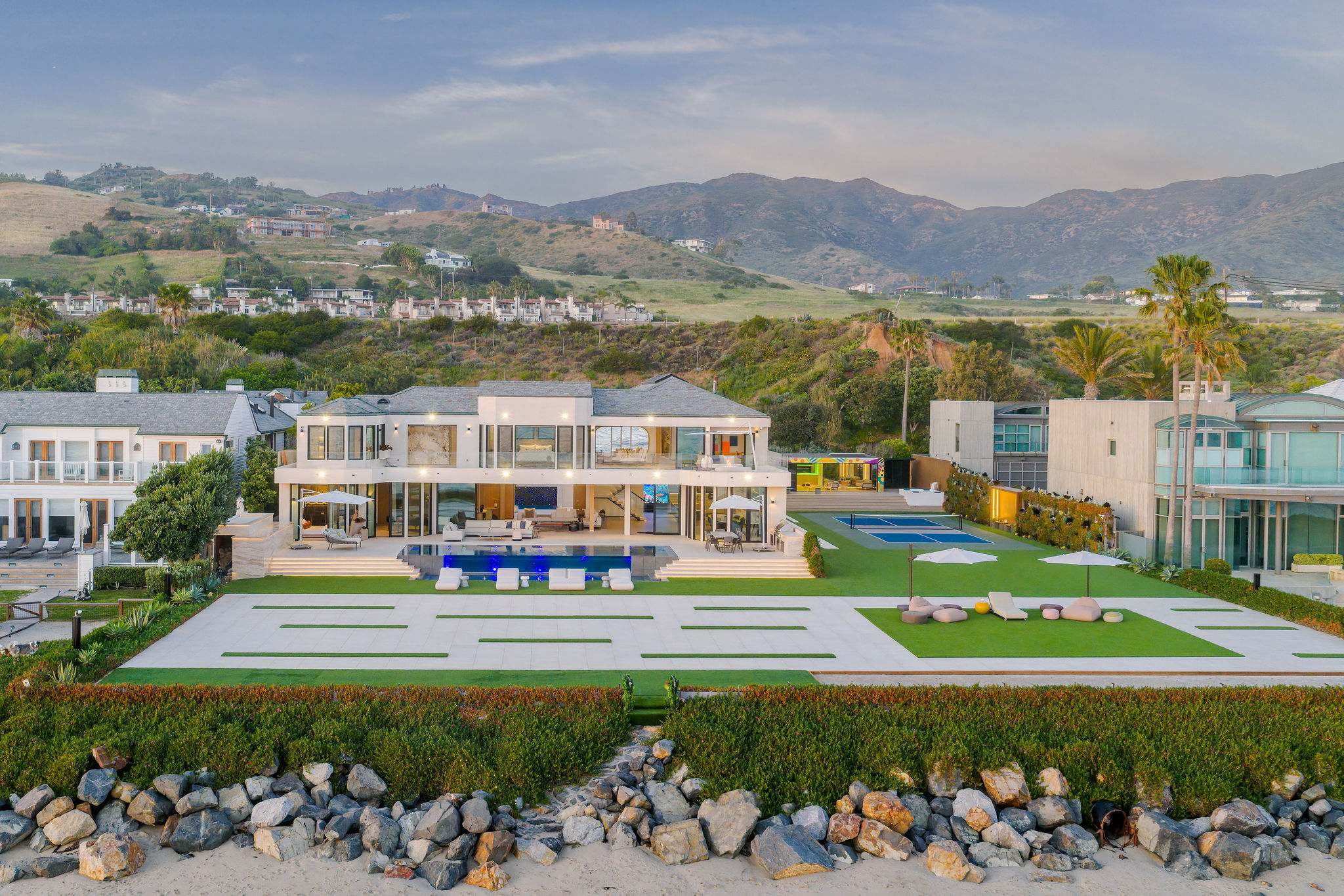 Oceanfront Malibu estate with full beachfront frontage and panoramic coastline views.